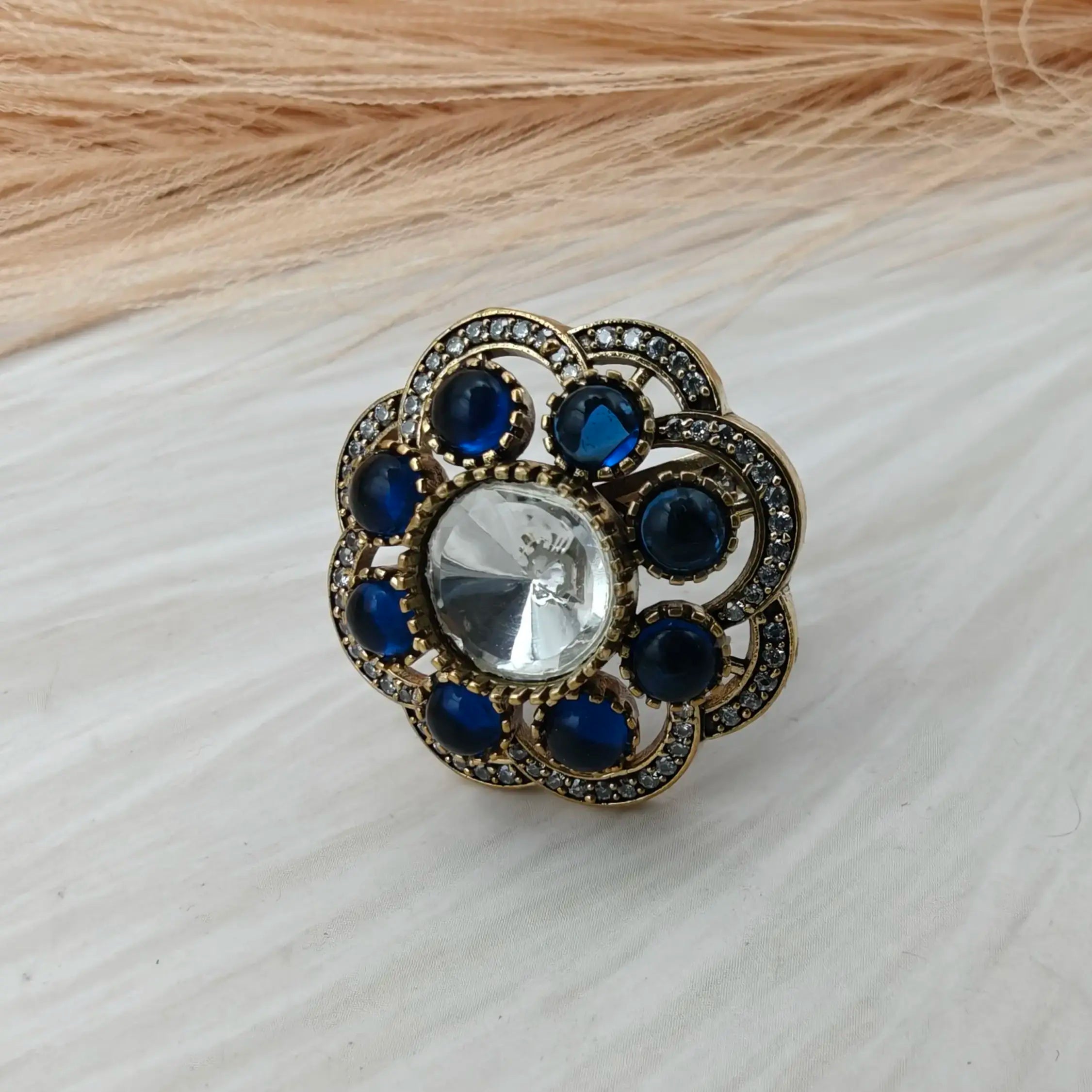 Niharika Uncut Polki Ring- Blue