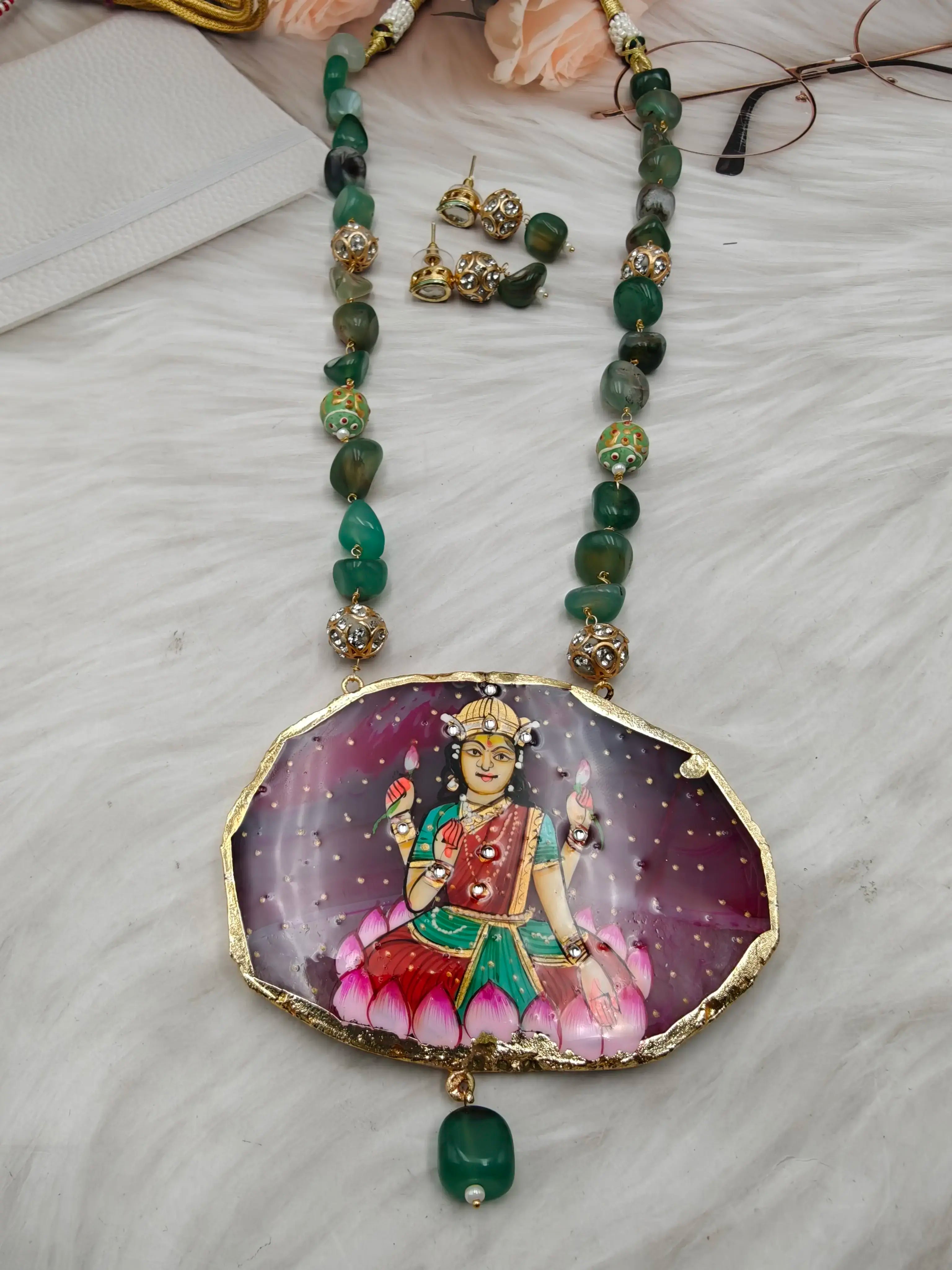 Lakshmi Ma Tanjore Natural Stone Necklace Set - Green n Pink