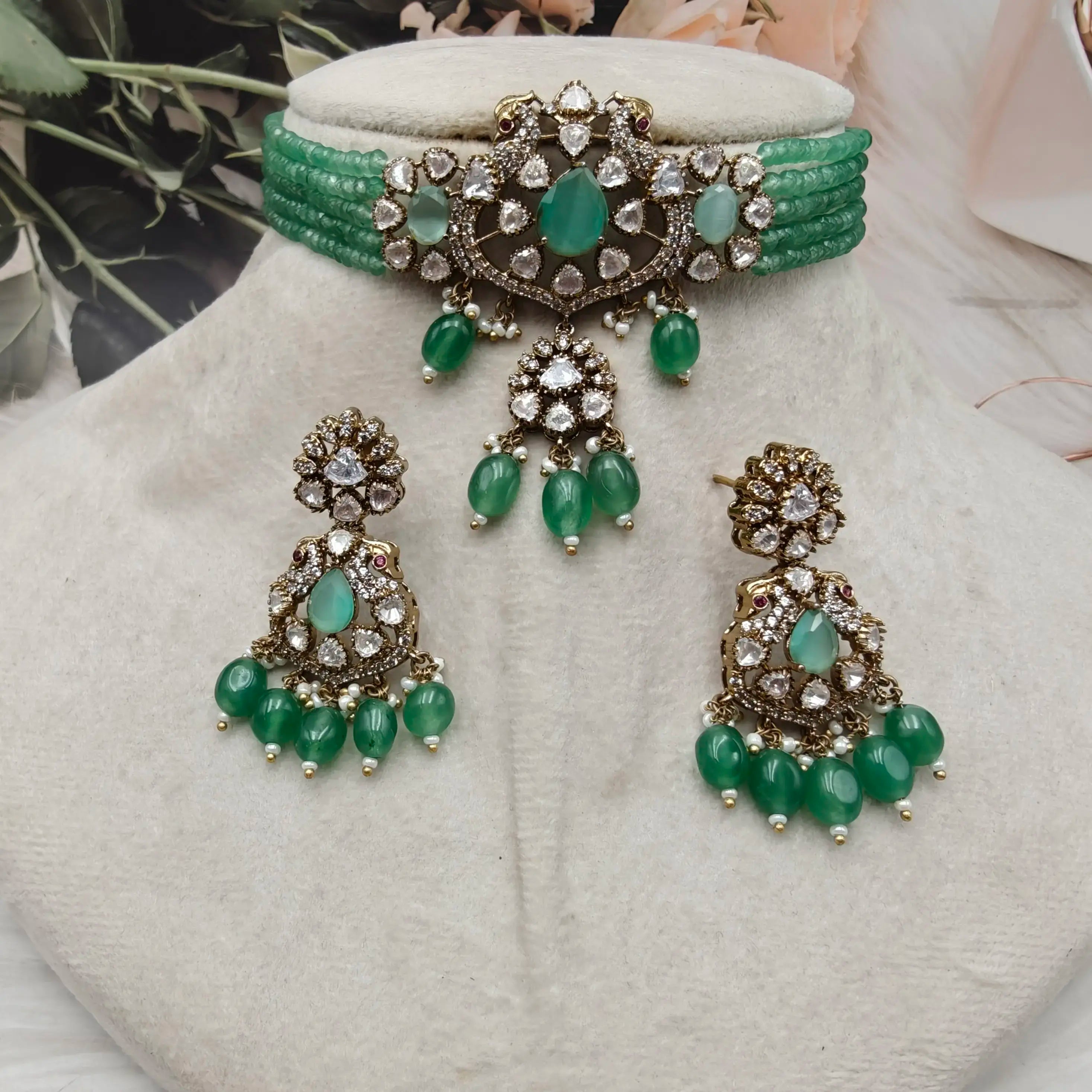 Shubha Premium Moissanite and Onyx Choker Set- Mint