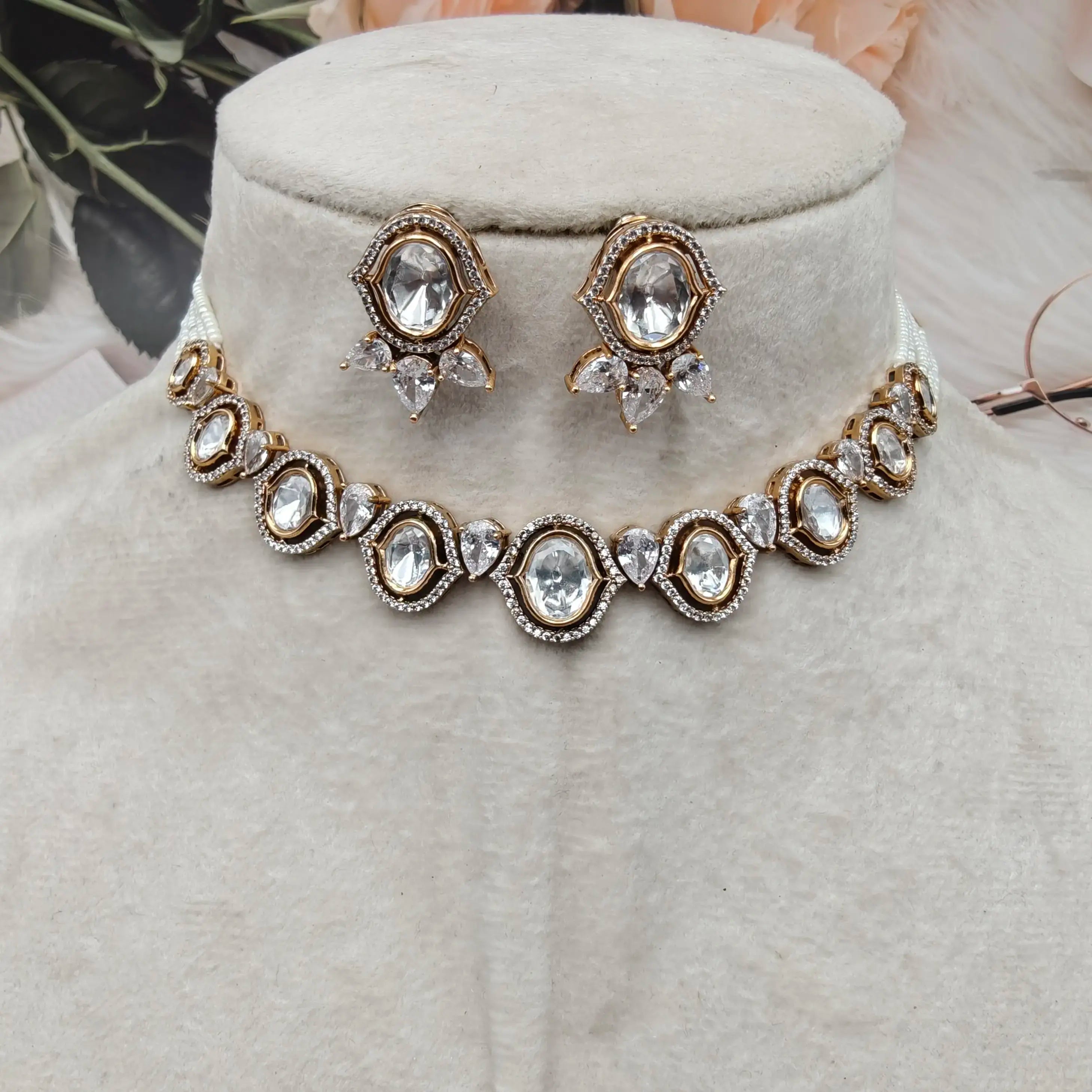 Viraasat Uncut Moissanite Polki Premium Necklace Set - White