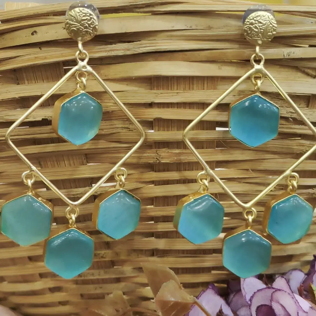 Asma Monalisa Dangler Earrings - Sky Blue