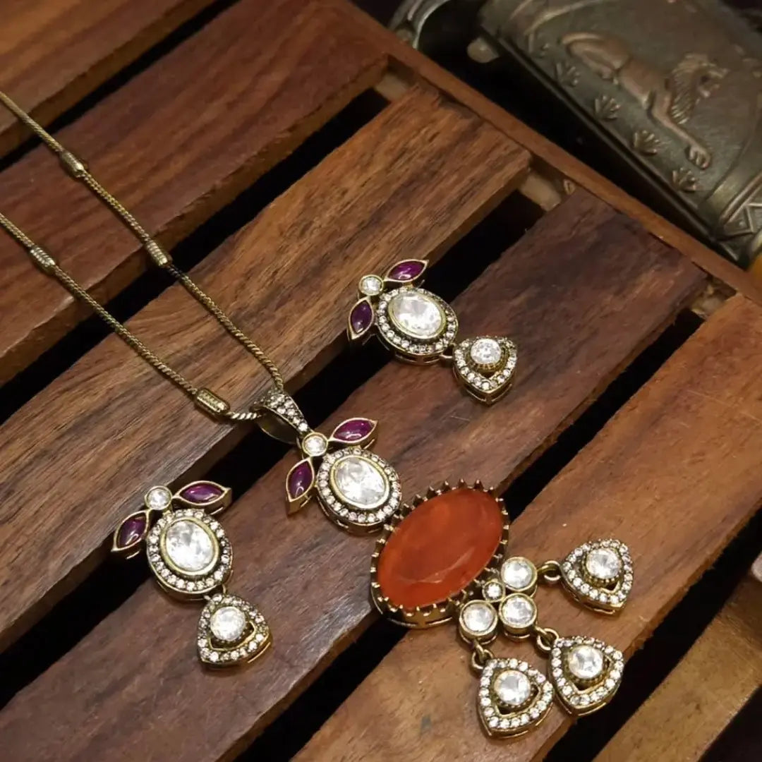 Sargun Doublet and Uncut Moissanite Pendant Set - Orange