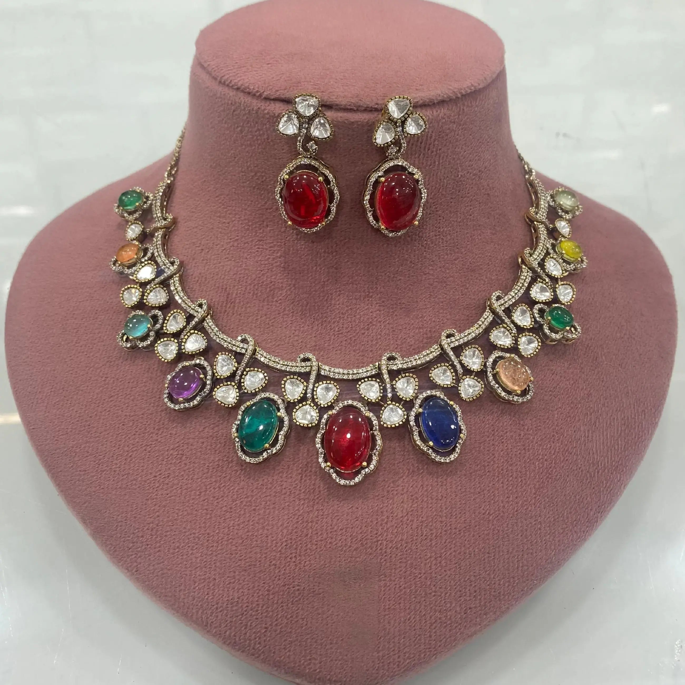 Rashmika Cabochone Doublet Uncut Polki Moissanite Necklace Set - Multi