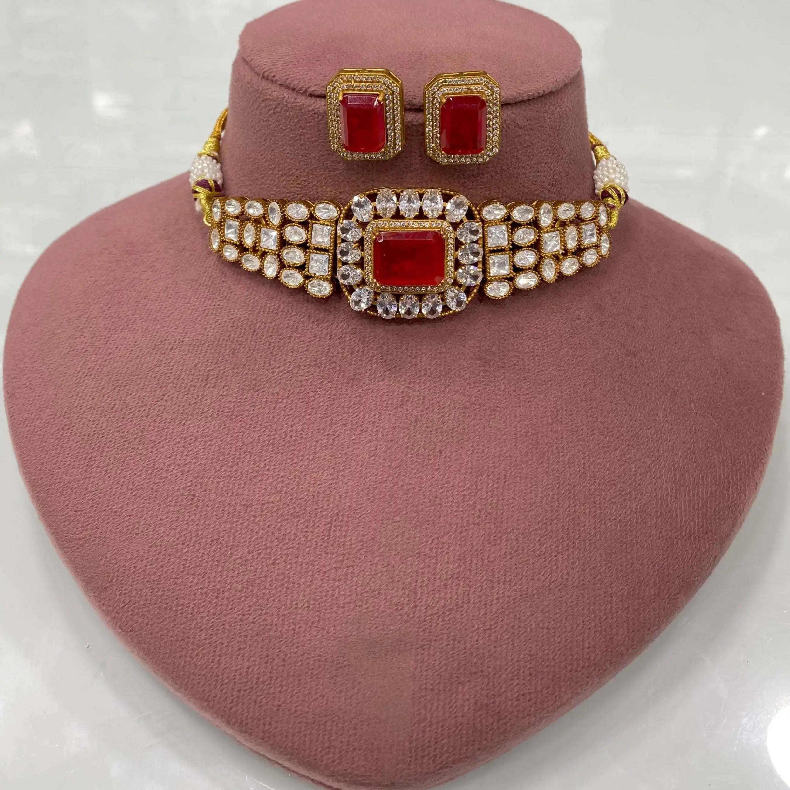 Kumud Doublet And Polki Choker Set - Red