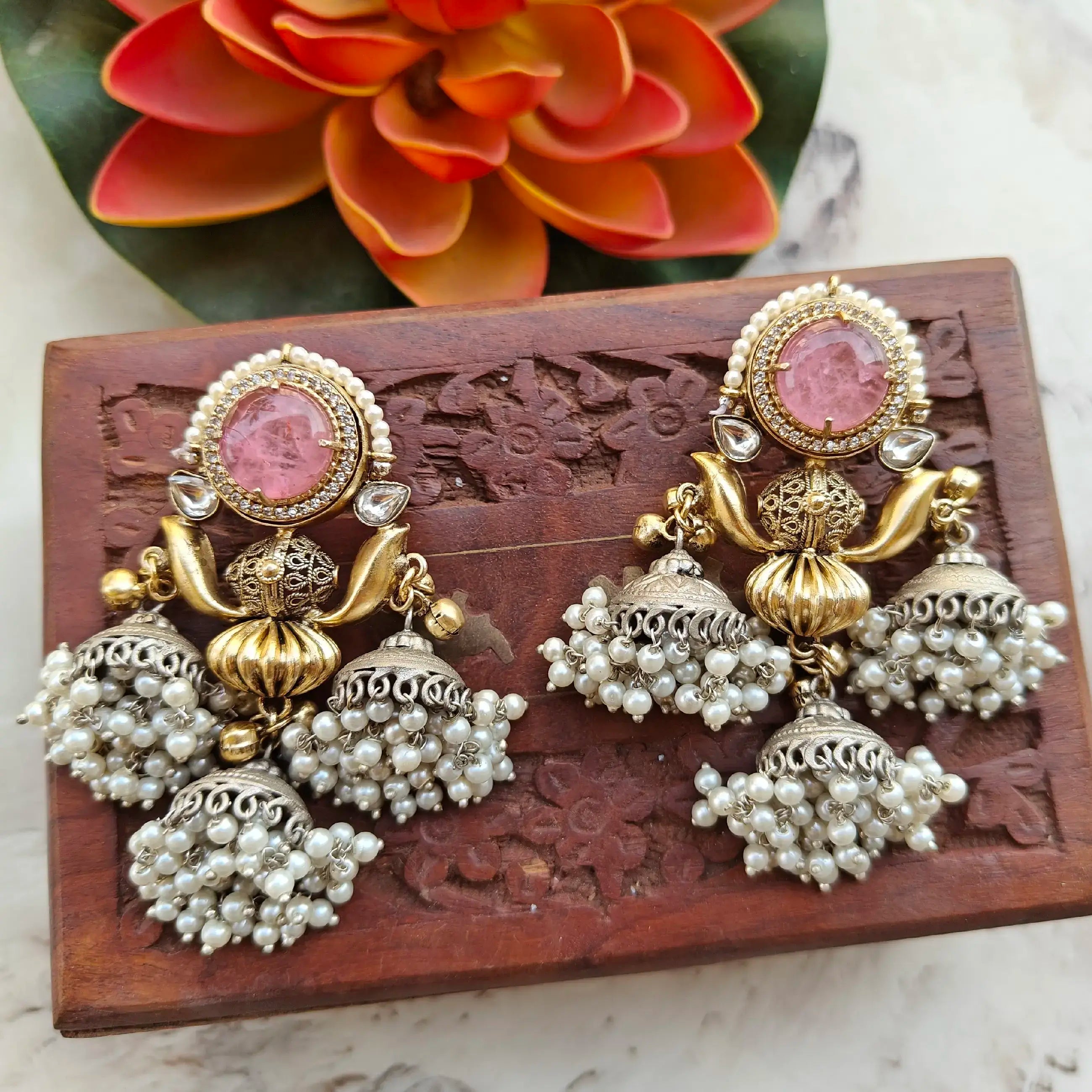 Yasmin Brass Fusion Dual Tone Jhumka Earrings - Pink