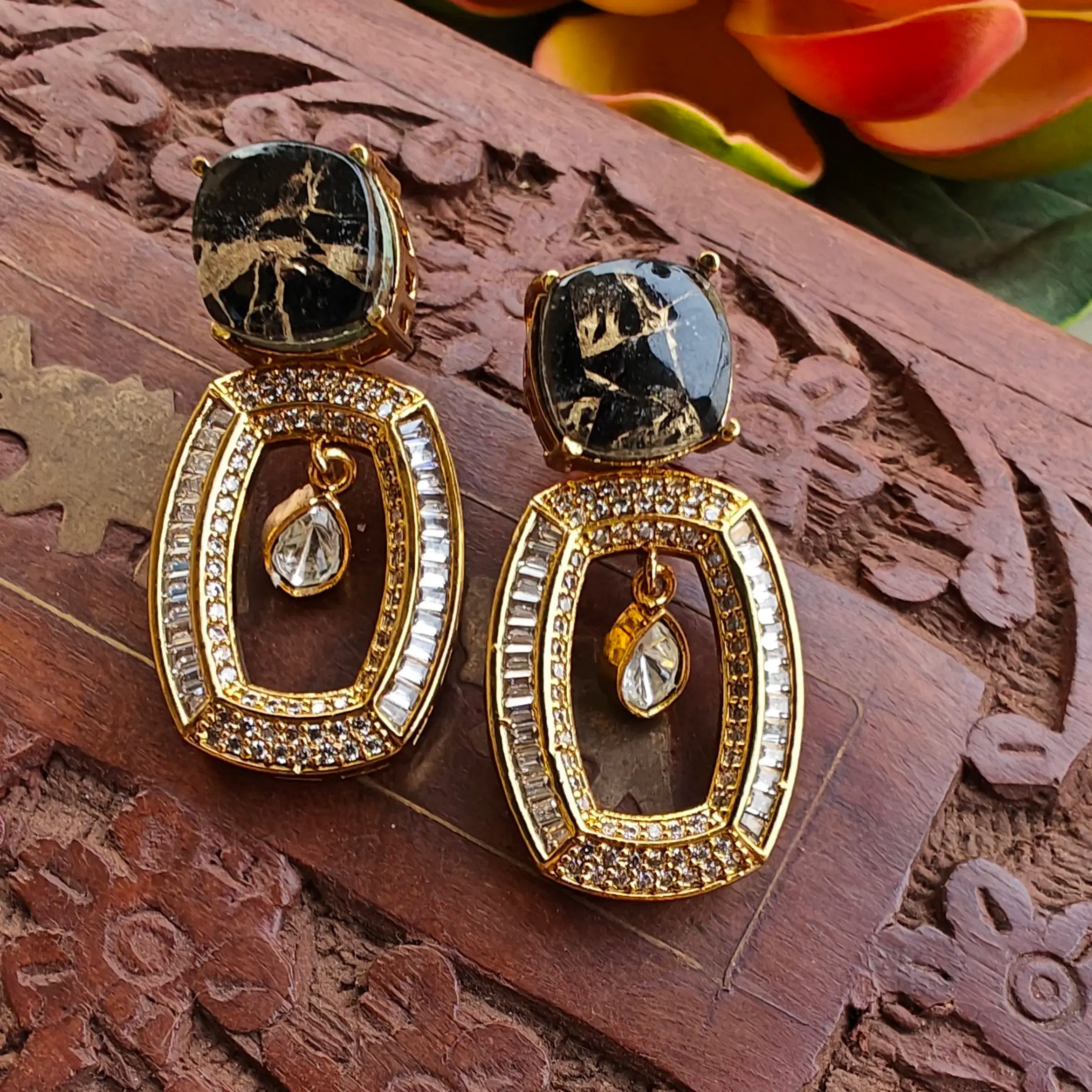 Rahat Doublet Baguette AD Statement Earrings - Black