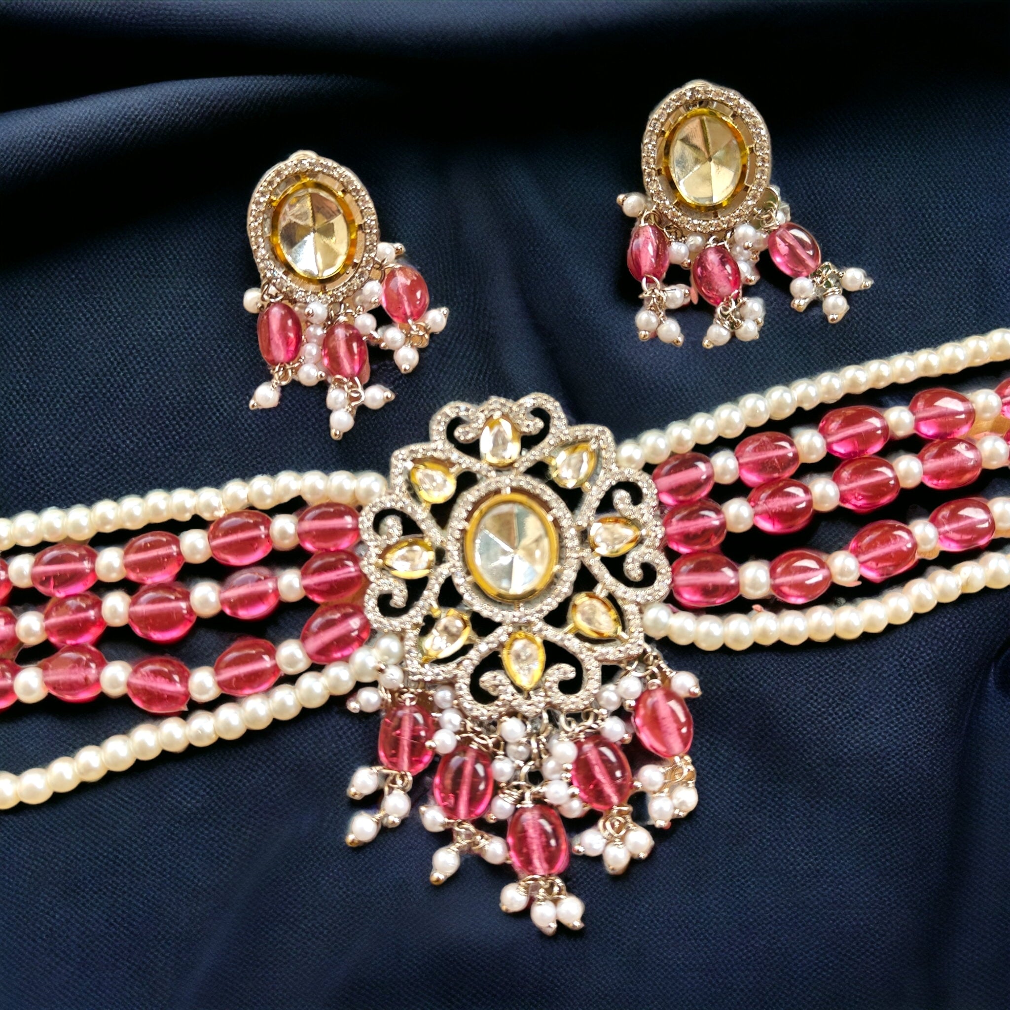 Minaaz Polki AD Choker- Onion Pink