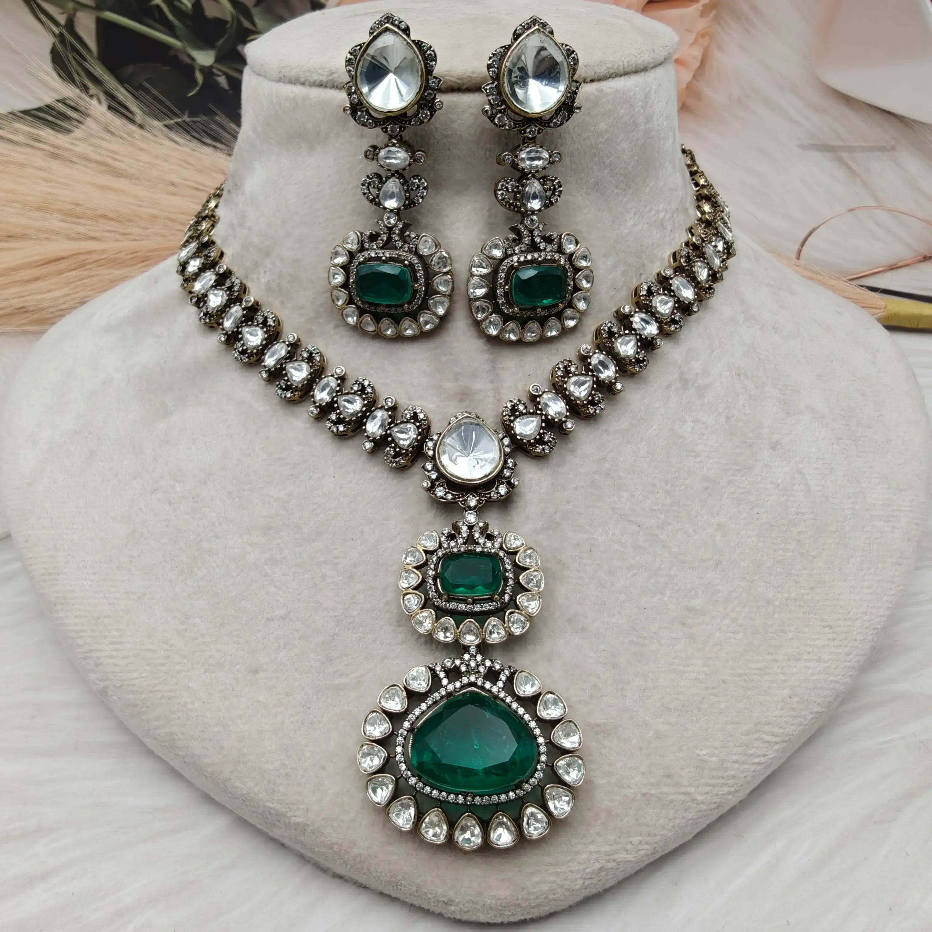 Marina Doublet Polki Kundan Necklace Set - Emerald Green