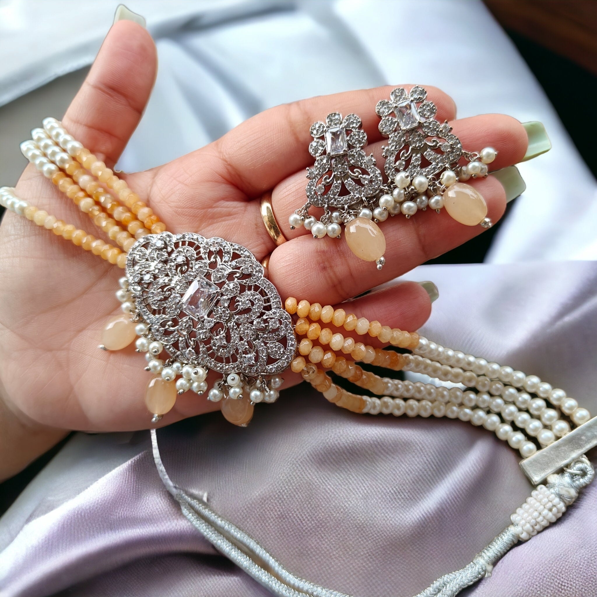 Kalyani AD Choker Necklace Set - Peach Onyx