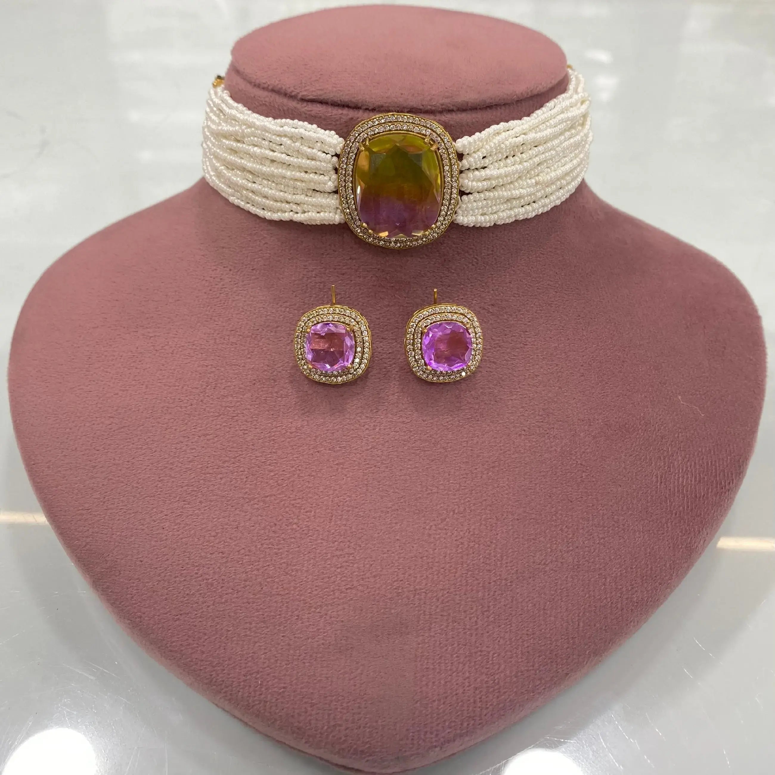 Tourmaline Bio Stone Sleek Choker Set - Purple N Yellow
