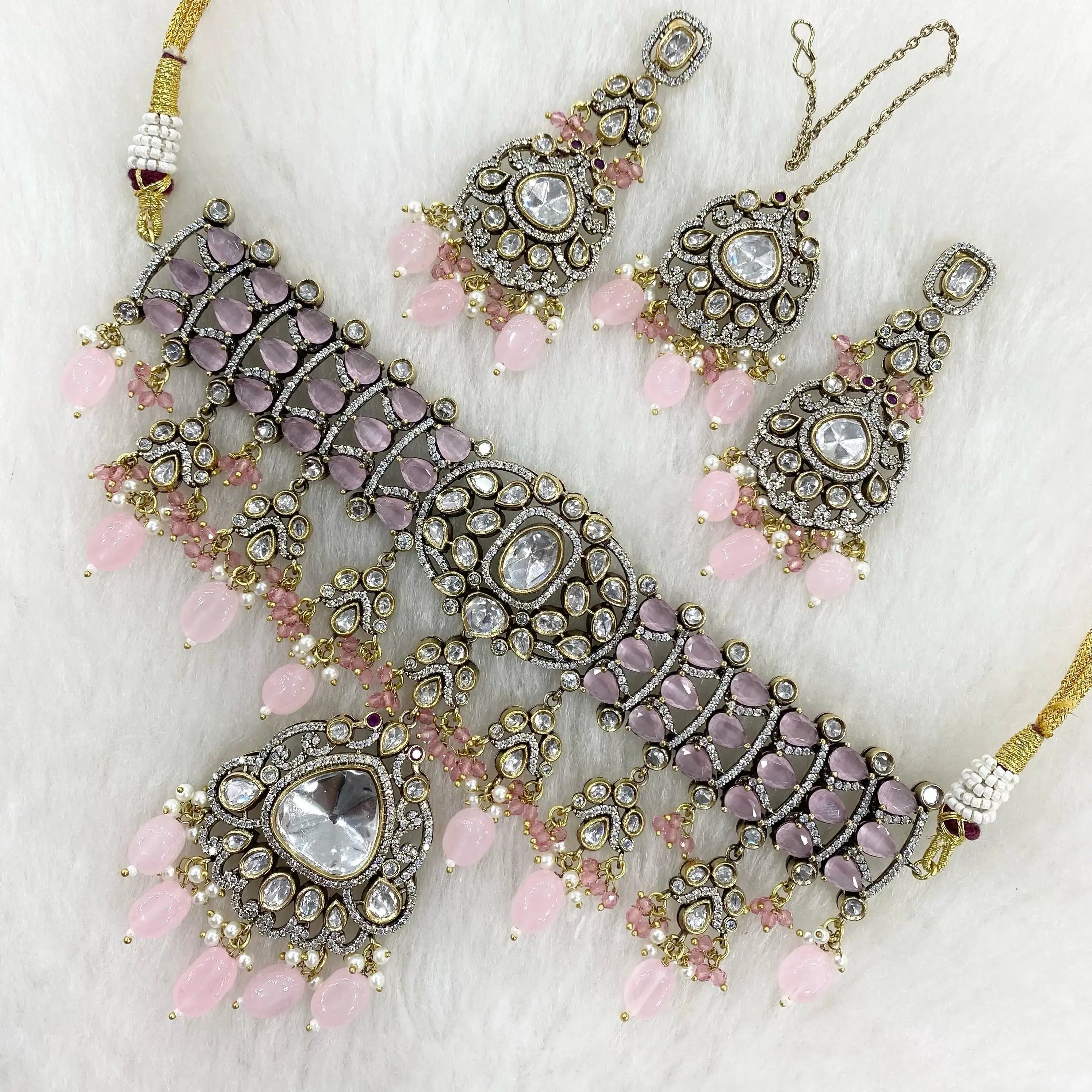 Hritika Uncut Moissanite Polki Choker Necklace Set - Pink