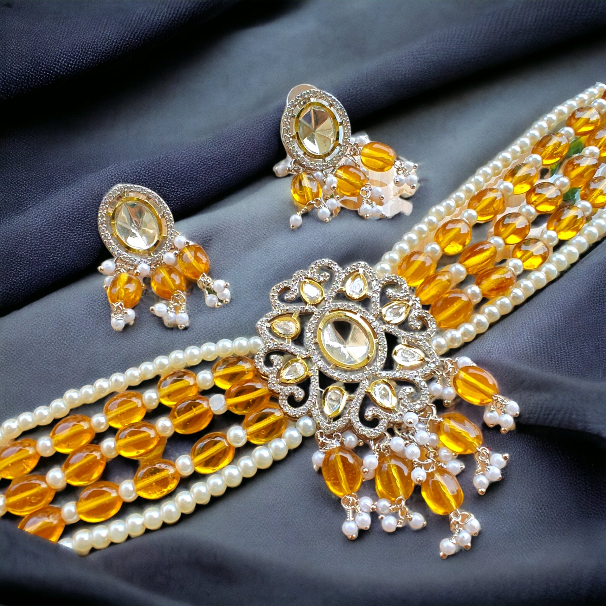 Minaaz Polki AD Choker Set- Mustard