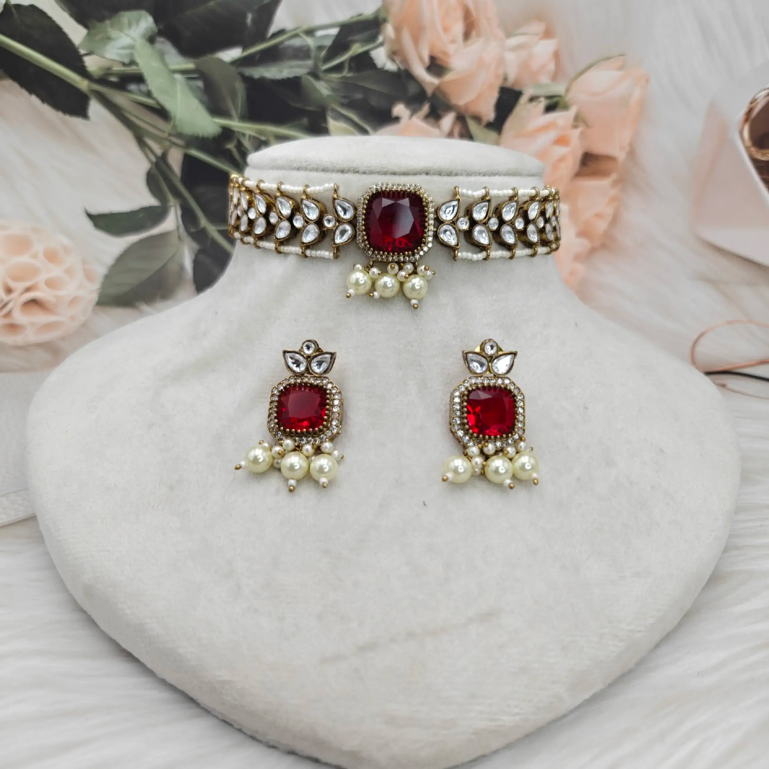 Anvita Polki Kundan Sleek Choker- Ruby Red