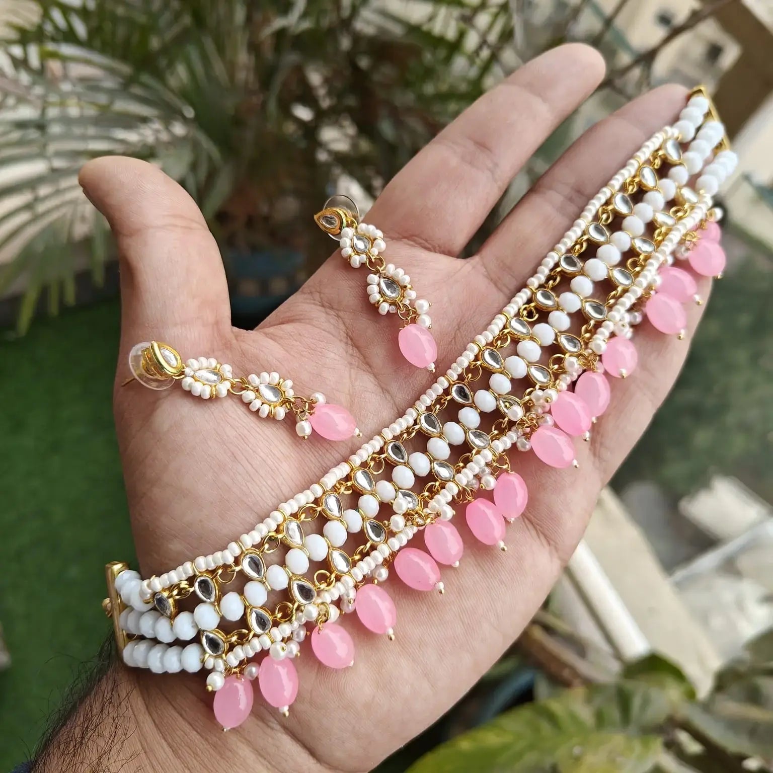 Soft And Flexible Pearl And Kundan Choker Set- Pink