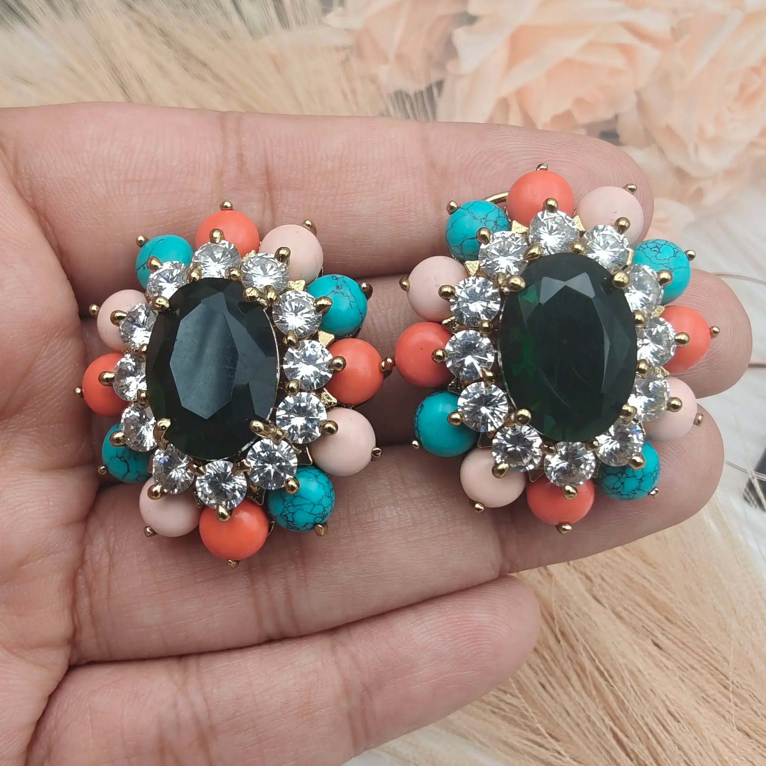 Lustre Studs - Green Coral Multi