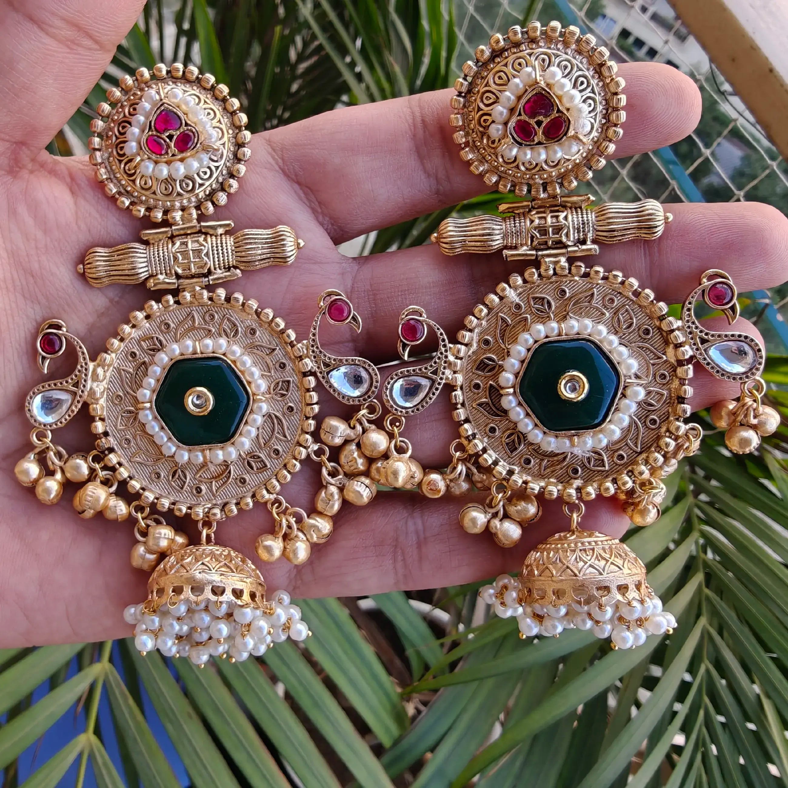 Manjhi Brass Fusion Amrapali Jhumki Earrings - Green