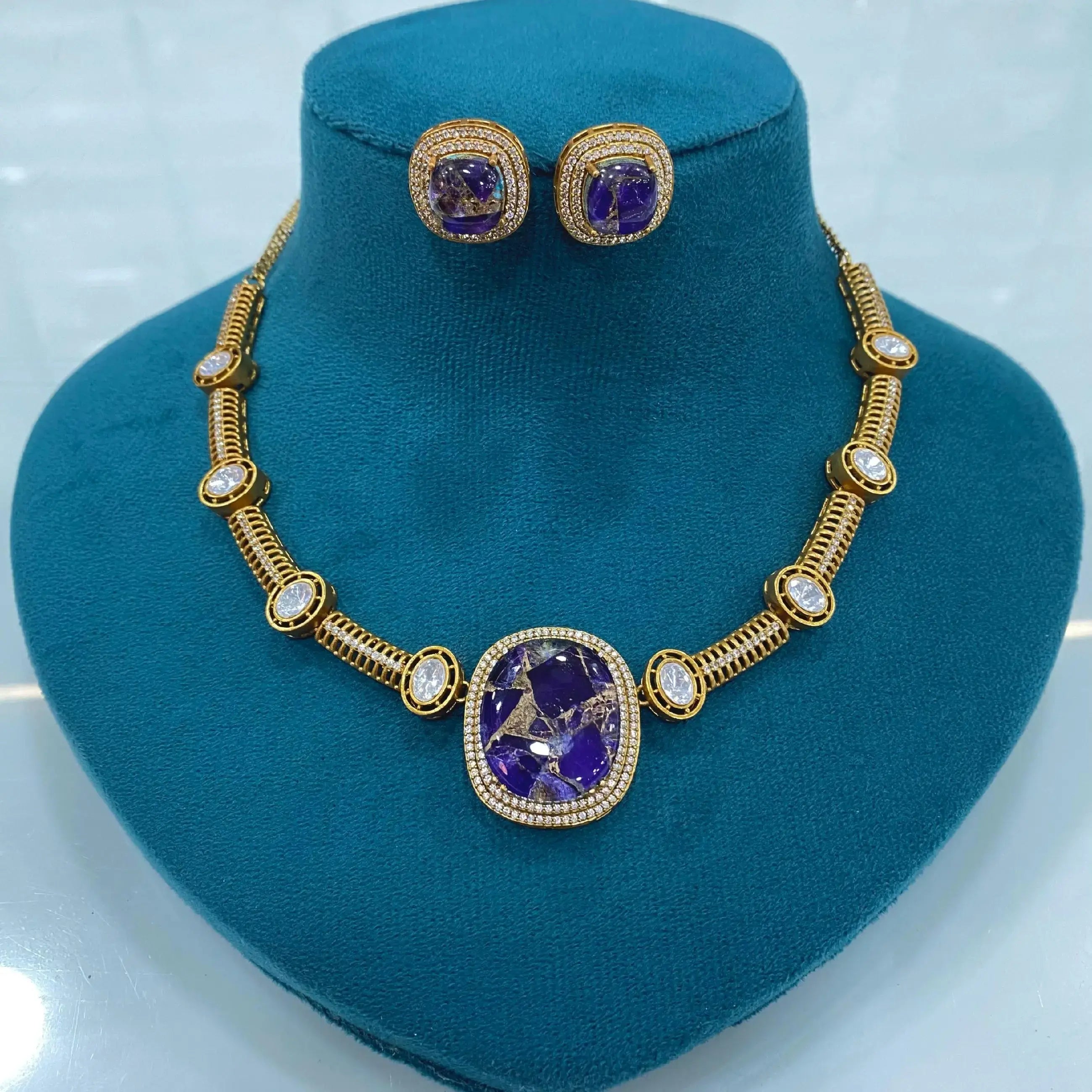 Khwaish Tourmaline Doublet Uncut Polki Necklace Set - Purple