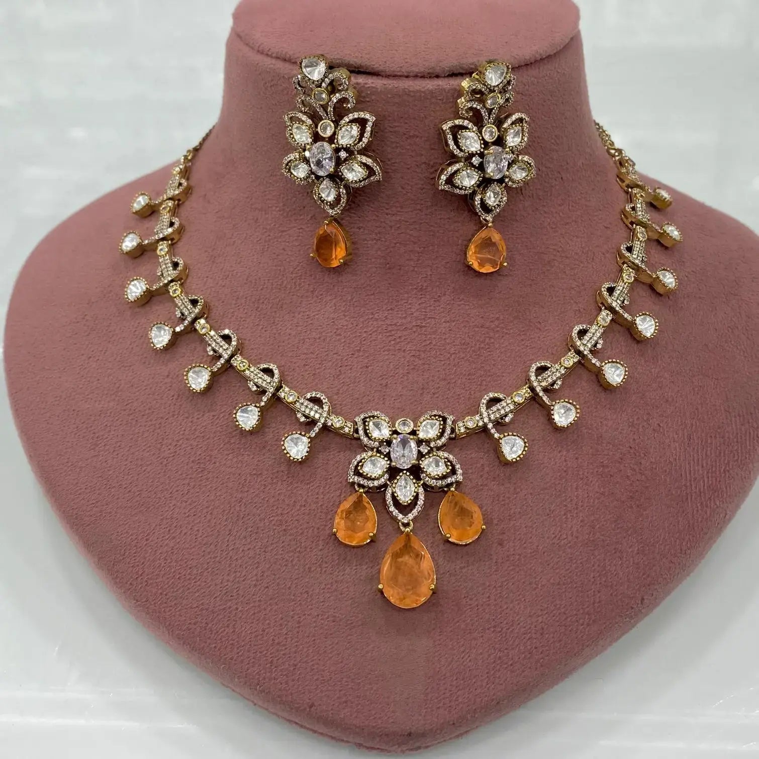 Shivangi Doublet and Uncut Moissanite Polki Necklace Set - Orange