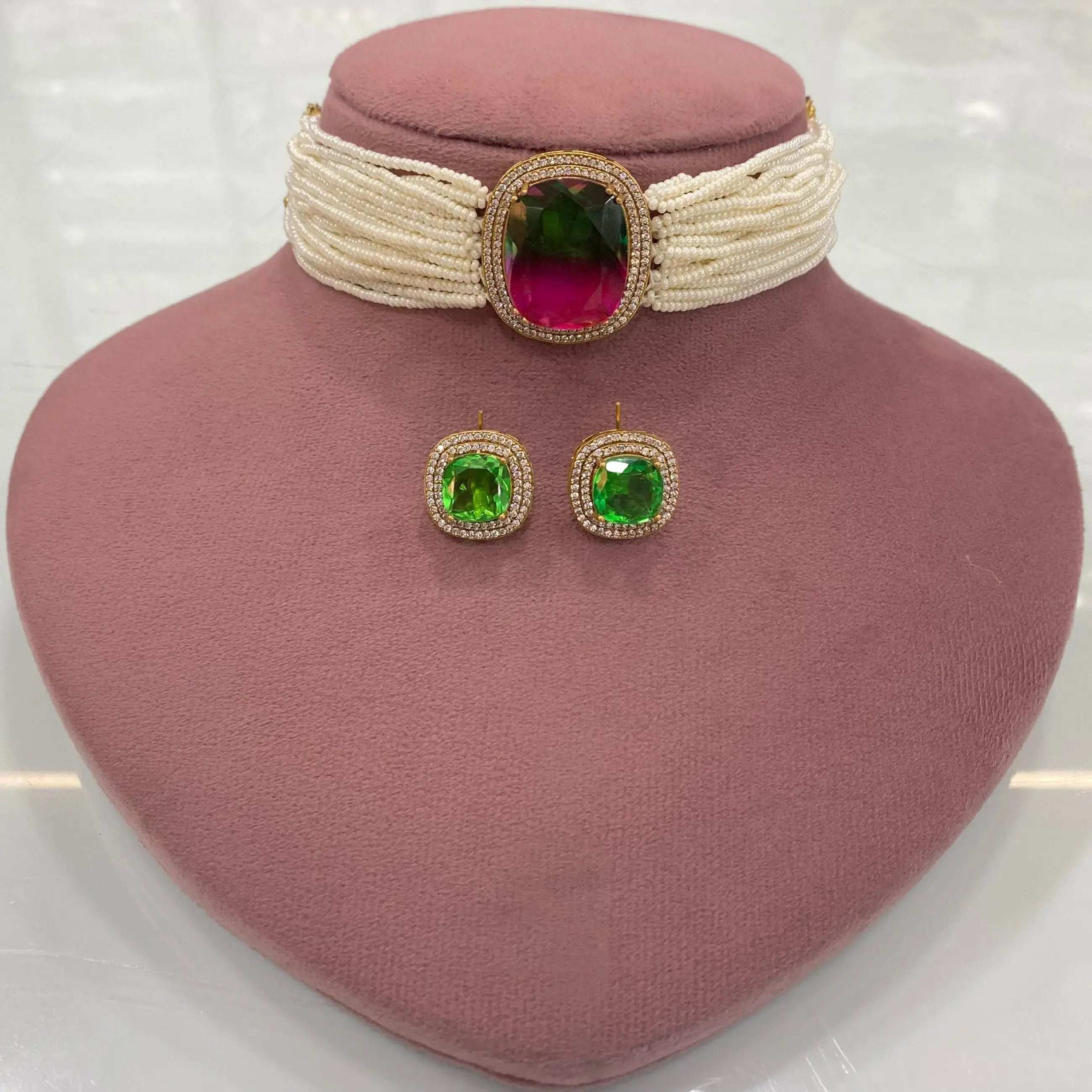 Tourmaline Bio Stone Sleek Choker Set - Green N Pink