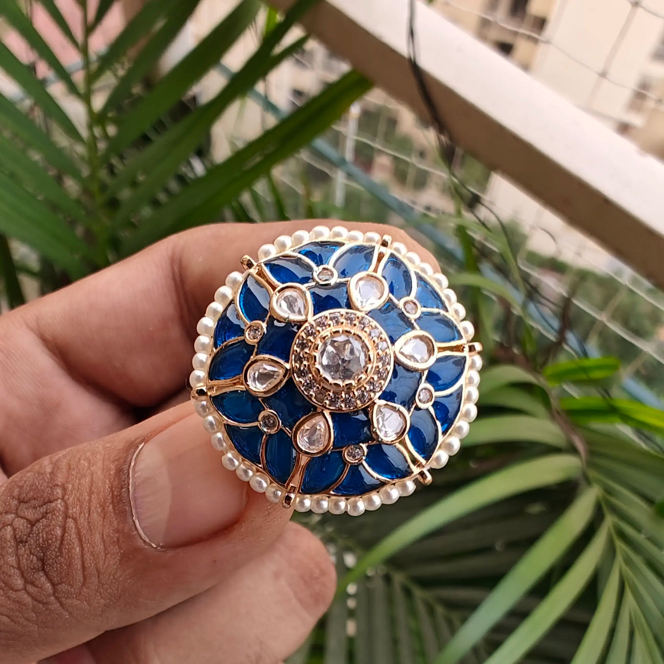 Shrutika Polki Kundan Adjustable Ring - Blue