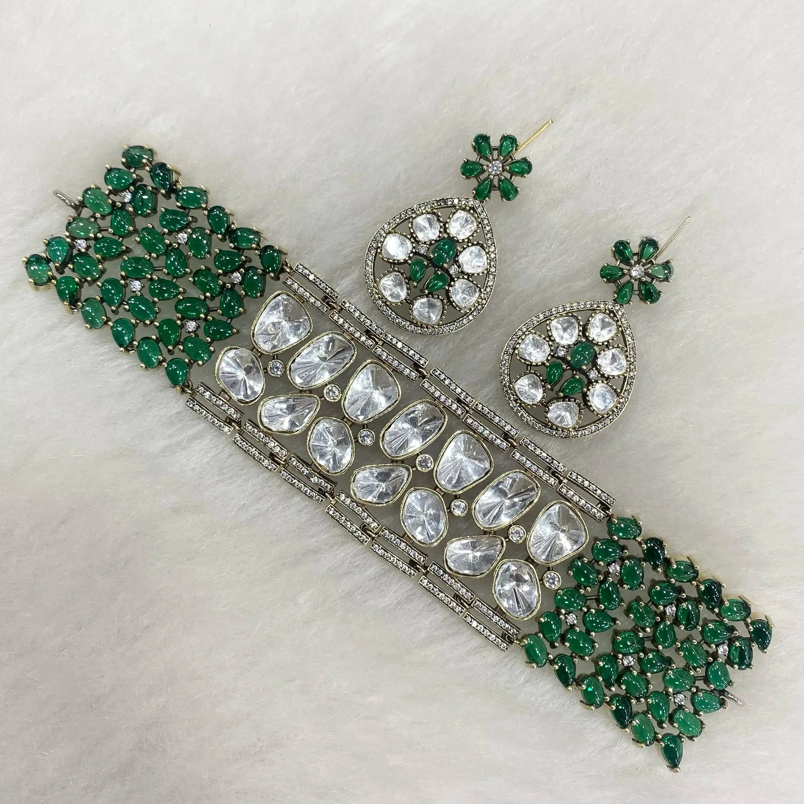 Gulmohar Uncut Polki Kundan and Pota Stone Choker- Green