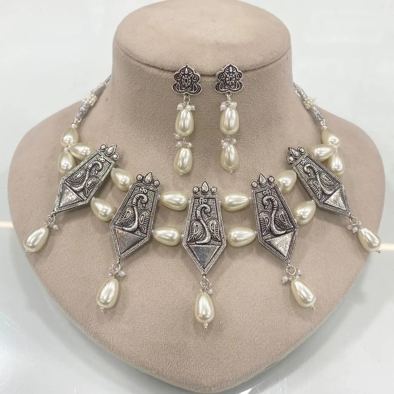 Radhika Silver Replica Necklace Set - White