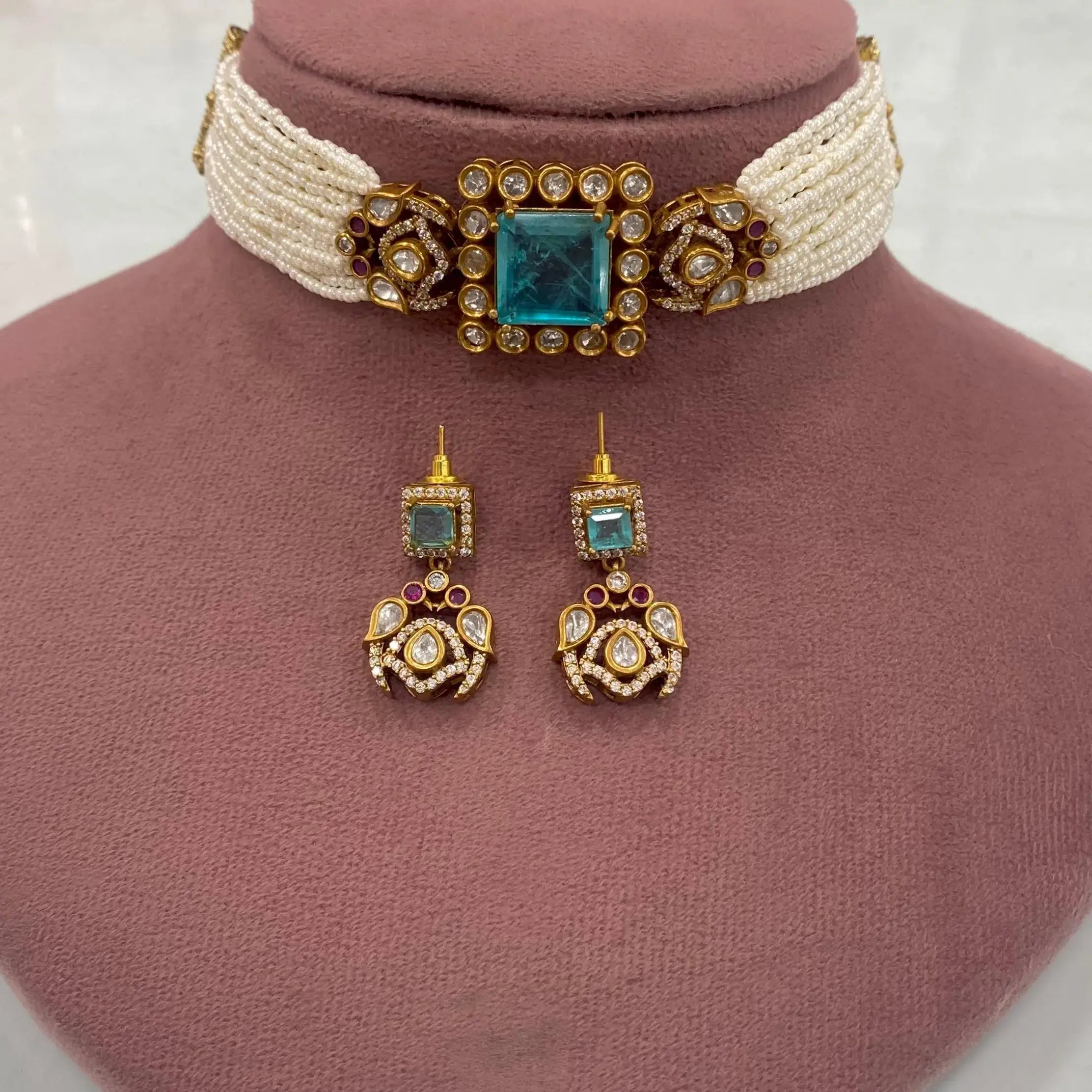 Tanzida Doublet Choker Set- Turquoise
