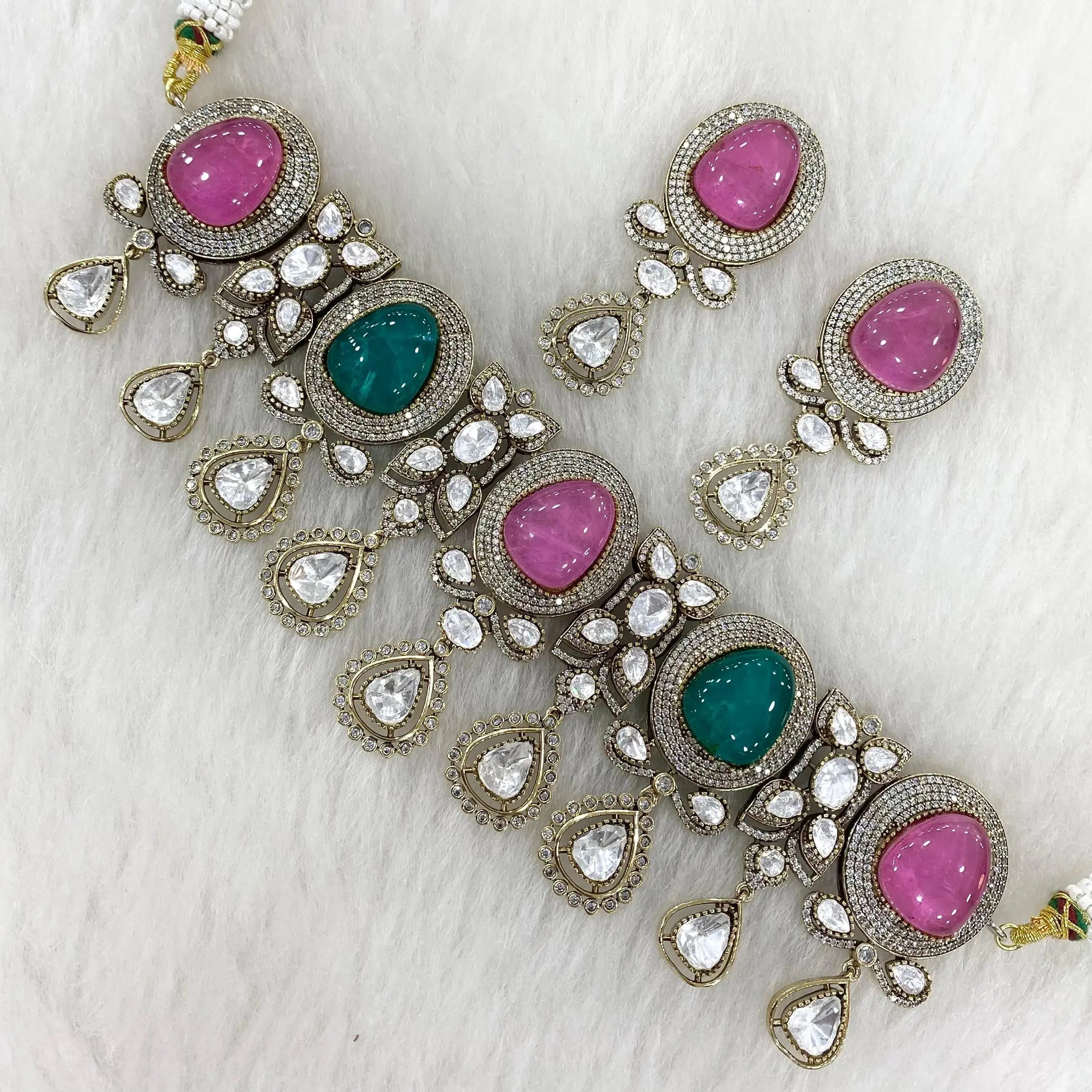 Aaina Tarang Doublet and Polki Choker Set - Pink n Rama Green