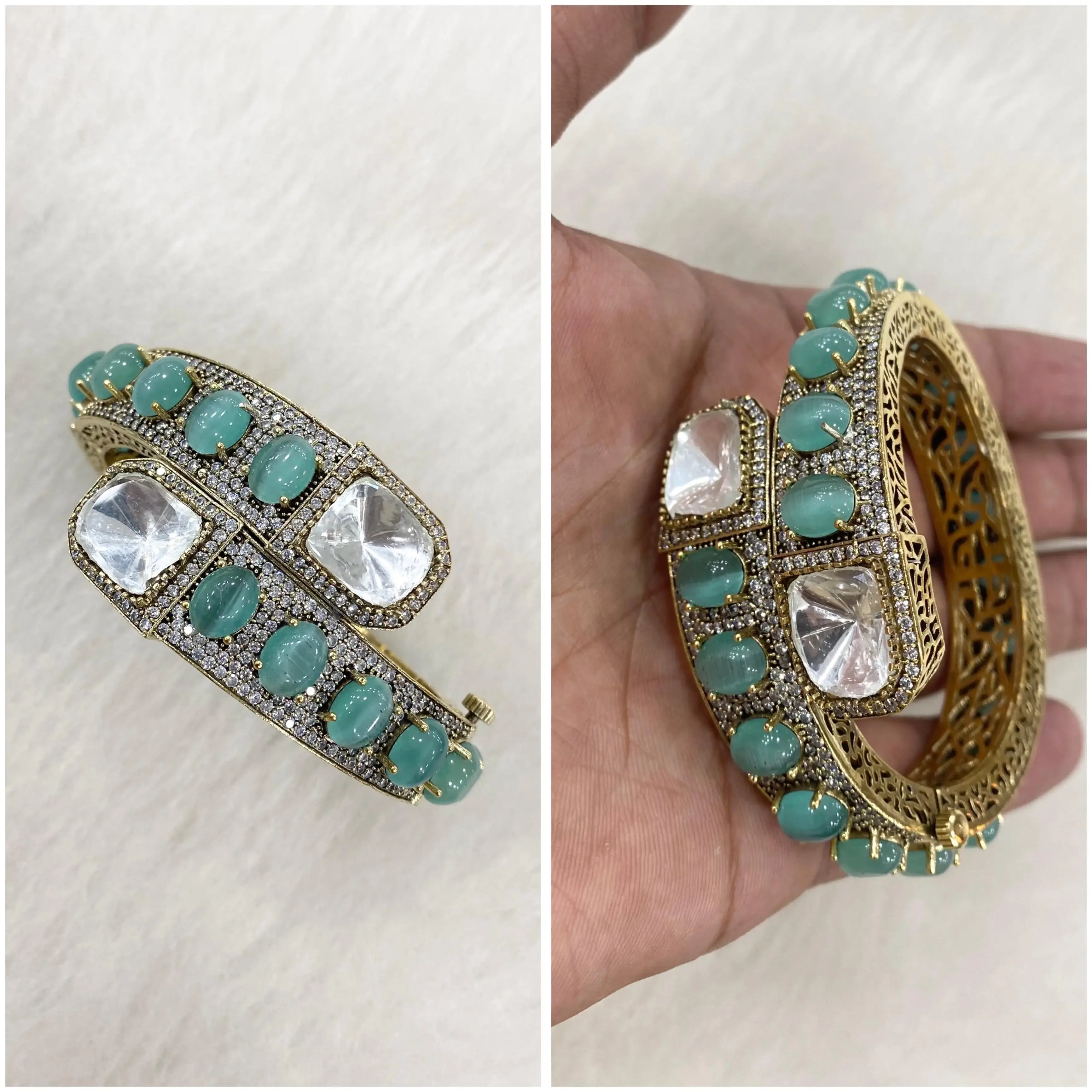 Paridhi Pota Stone and Uncut Polki Bracelet - Mint