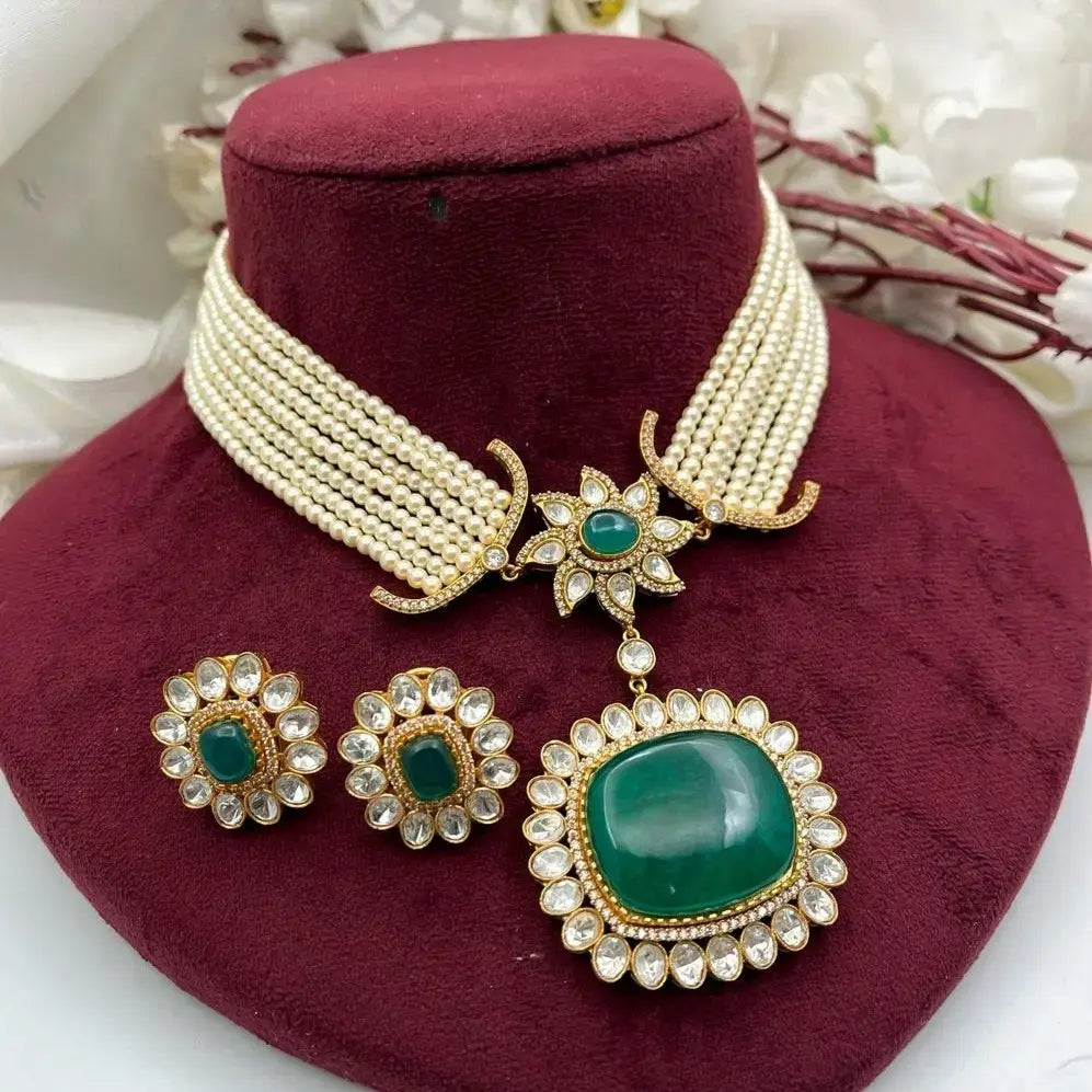 Pratigya Cabochone Doublet And Pearl Statement Necklace Set - Emerald Green