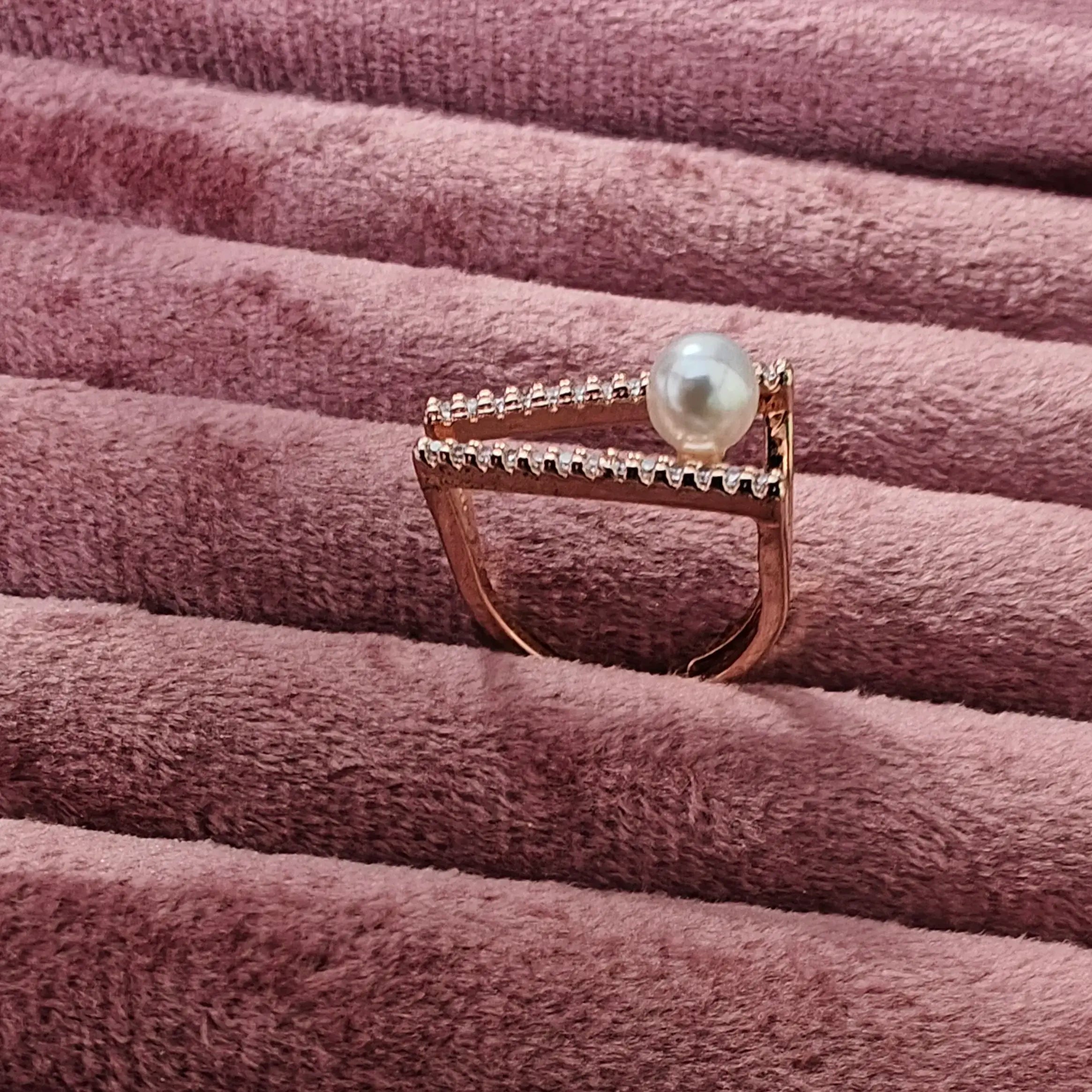 Stainless Steel Anti Tarnish Pearl Ring- Rose Gold Finish
