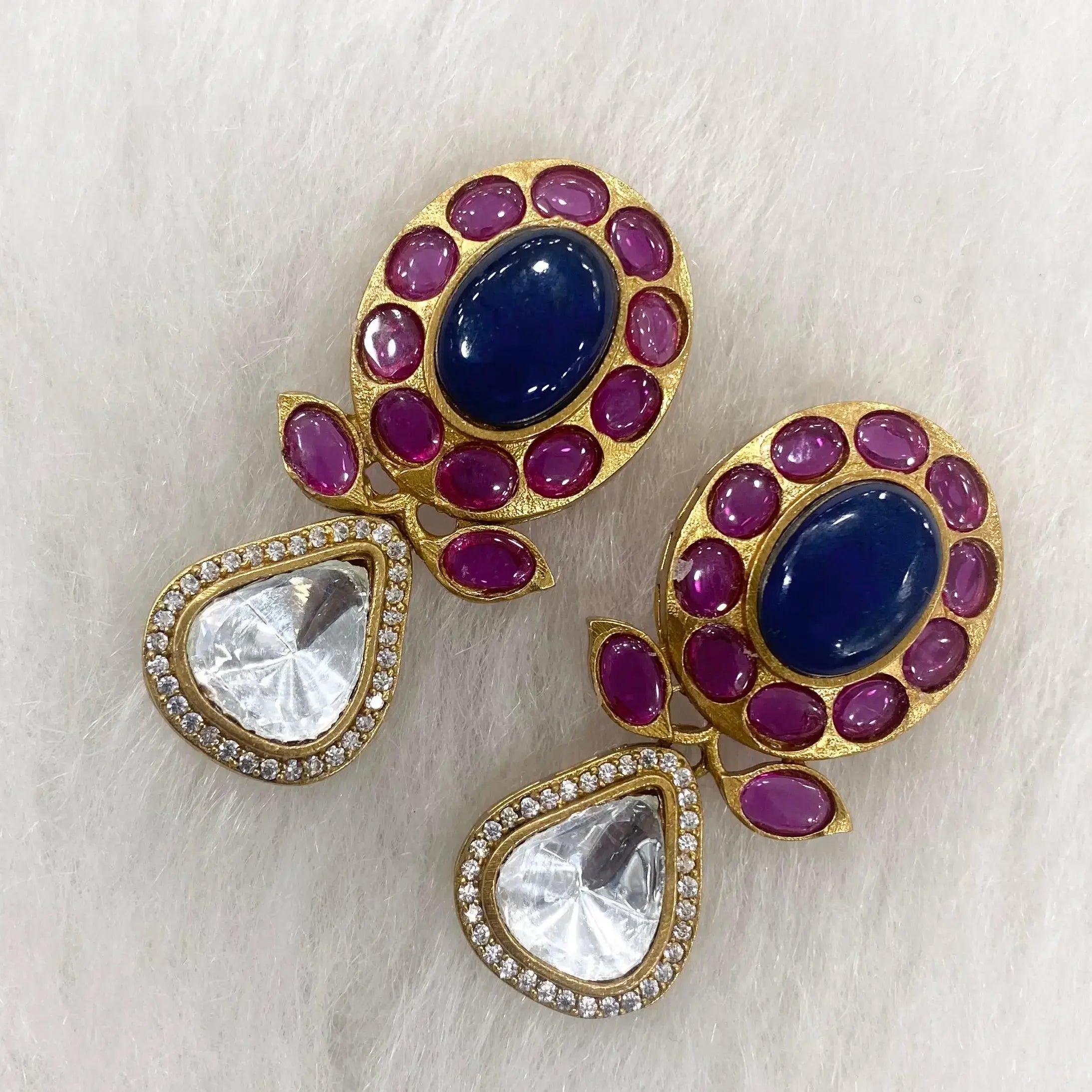 Raihna Cabochon Doublet Earrings - Blue n Ruby