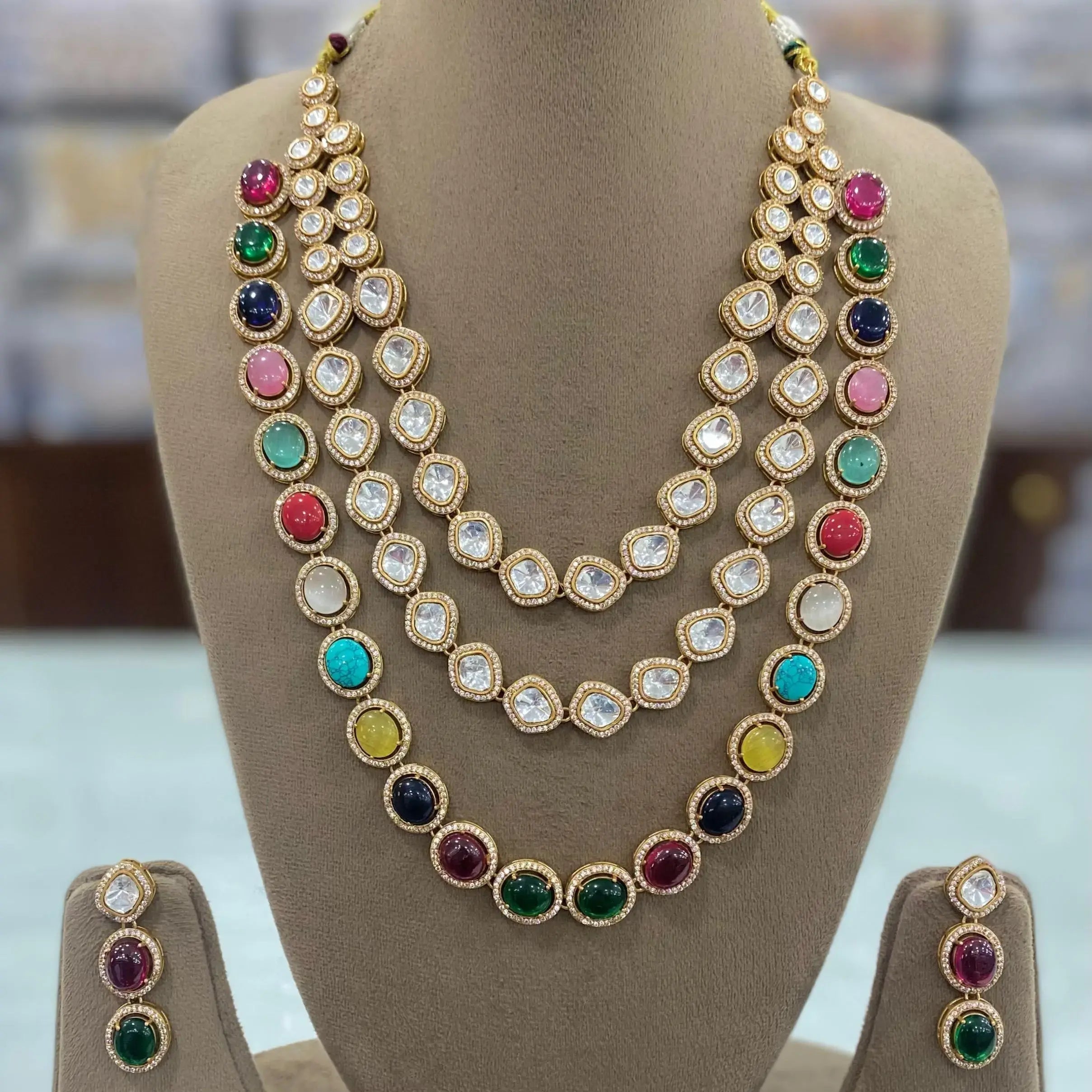 Himani Triple Layer Navratan Uncut Moissanite Polki Necklace Set- Multi