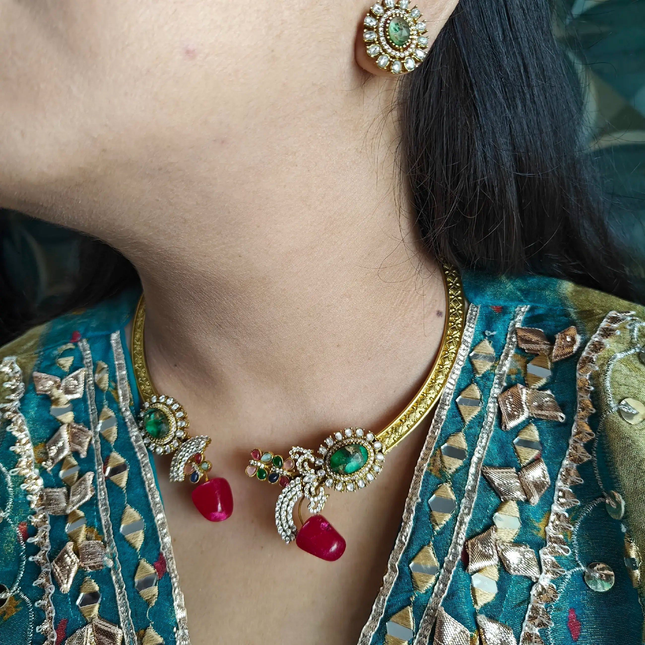Nayab Amrapali Brass Fusion Collar Hasli Set- Green N Ruby