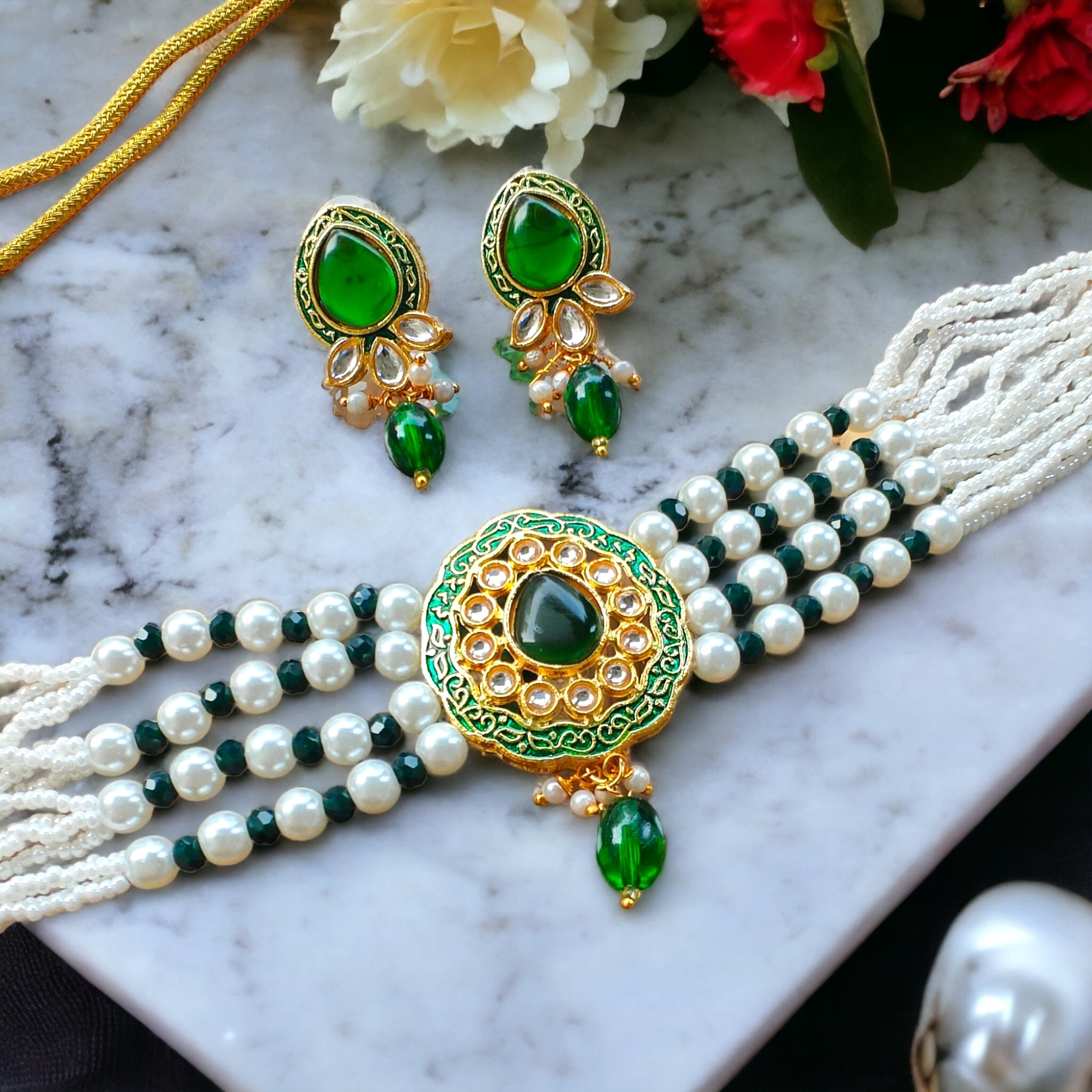 Samidha Gold Polish Choker- Green