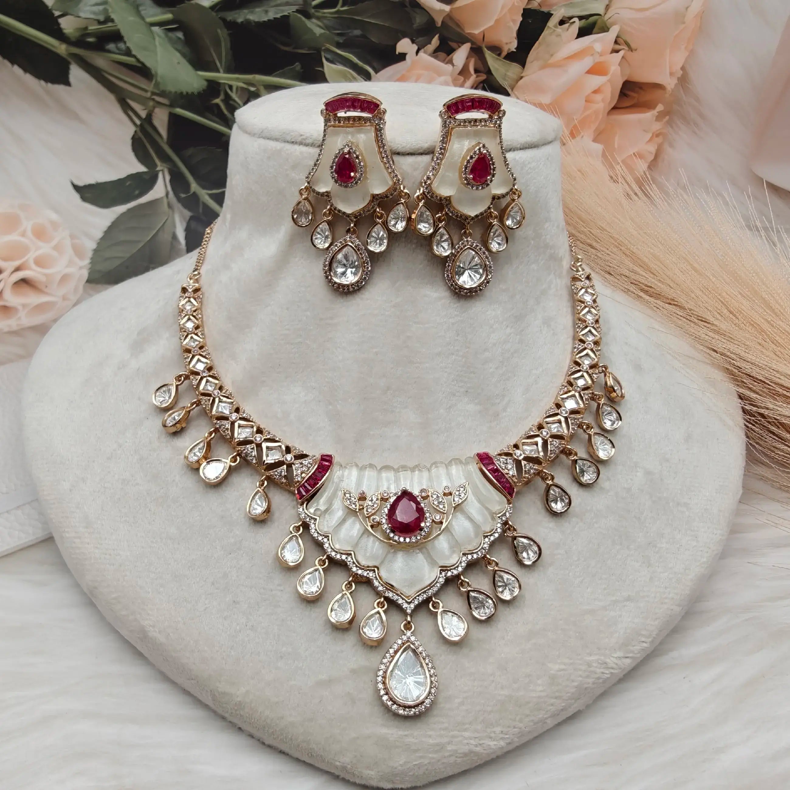 Chaya Mother Of Pearl Sunheri Moissanite Kundan Necklace Set- Ruby