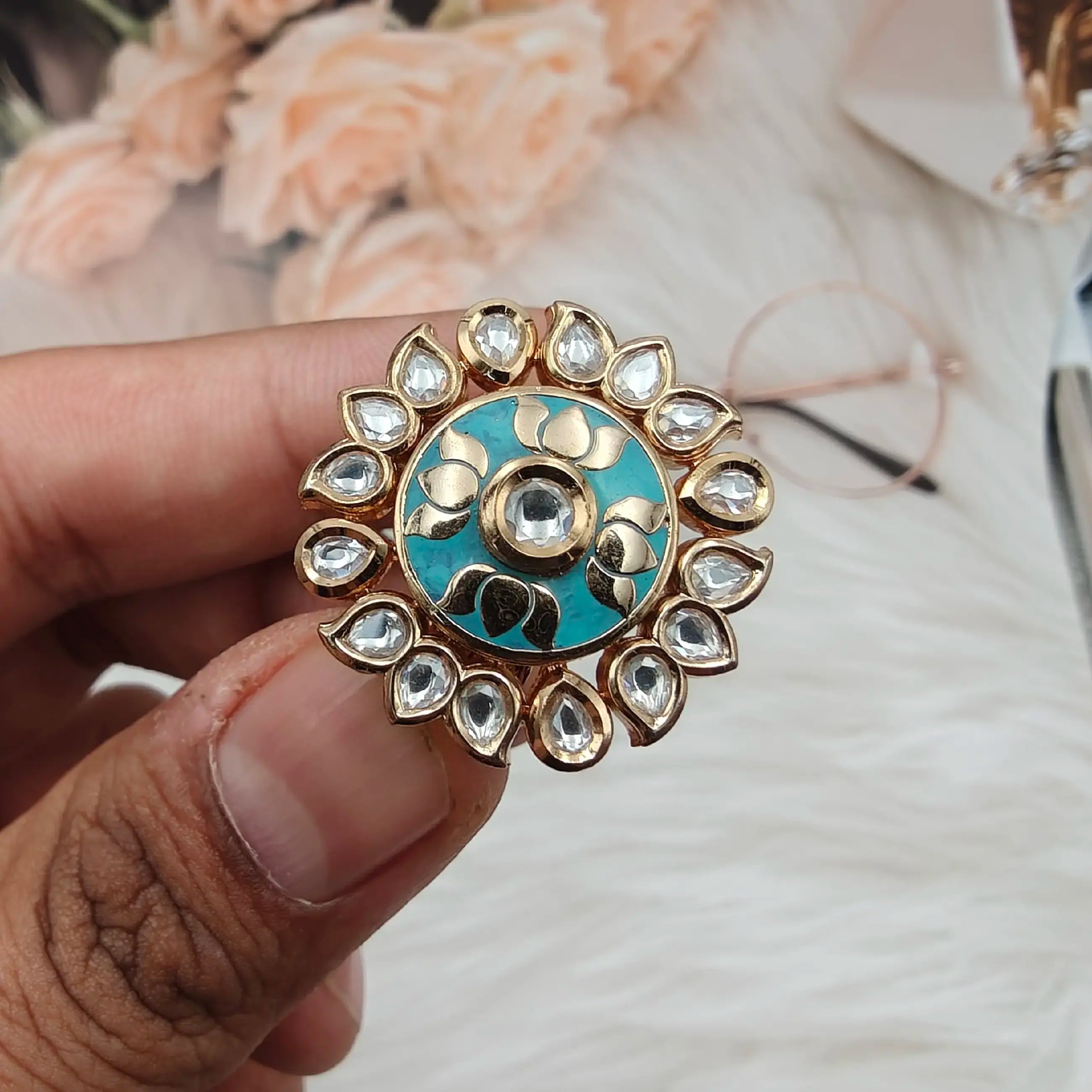 Kalki Premium Polki Kundan Adjustabke Ring- Turquoise
