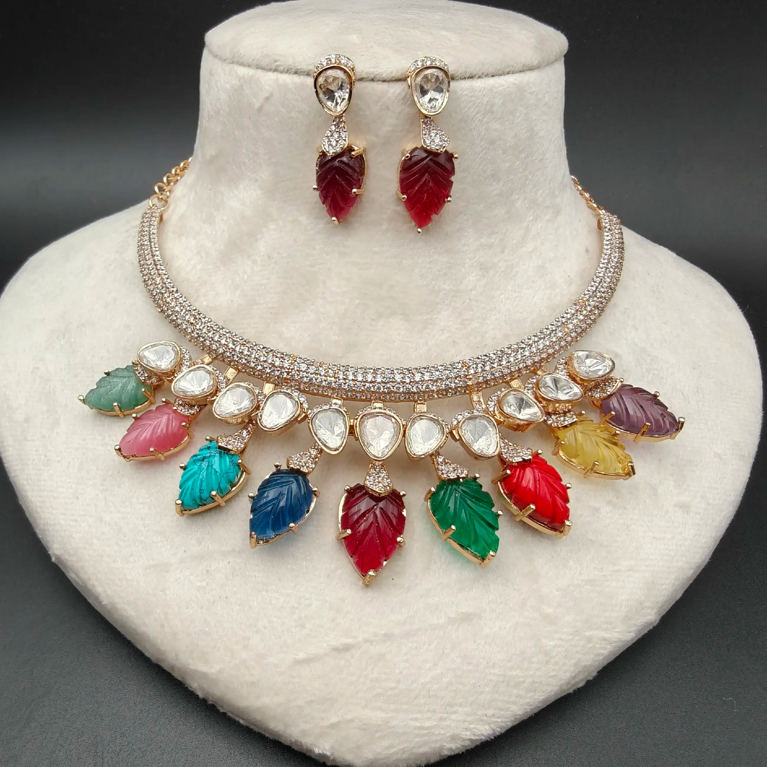 Khushi Moissanite Carved Onyx Stones Necklace Set- Multi