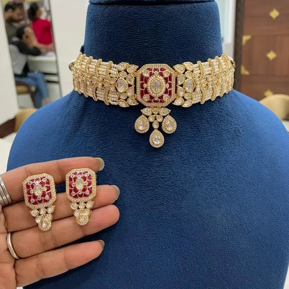 Sunheri Moissanite Premium Pearl Choker Set - Ruby