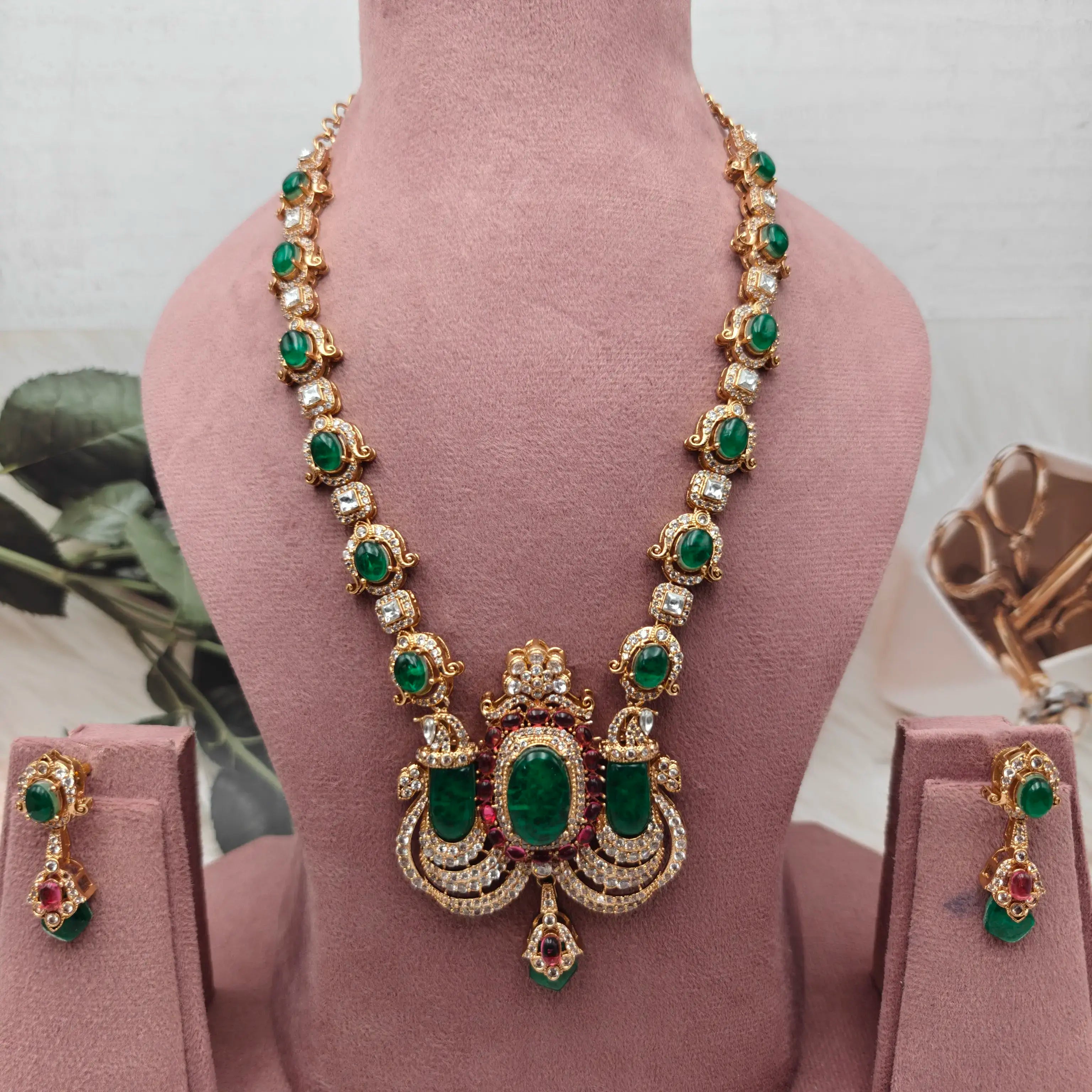 Victoria Moissanite and Cabochon Doublet Premium Necklace Set - Emerald and Ruby