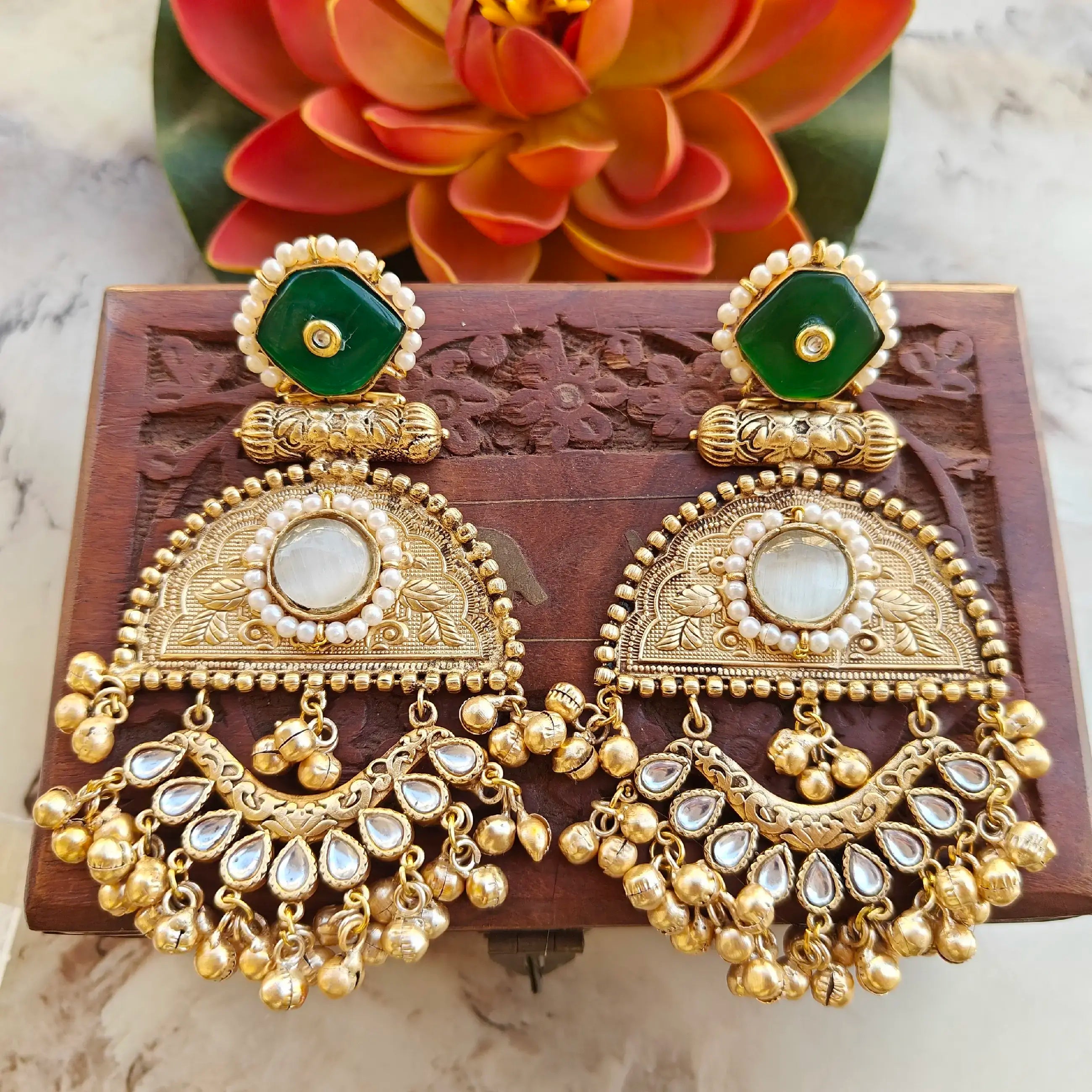 Aasma Amrapali Brass Fusion Earrings - Green And White