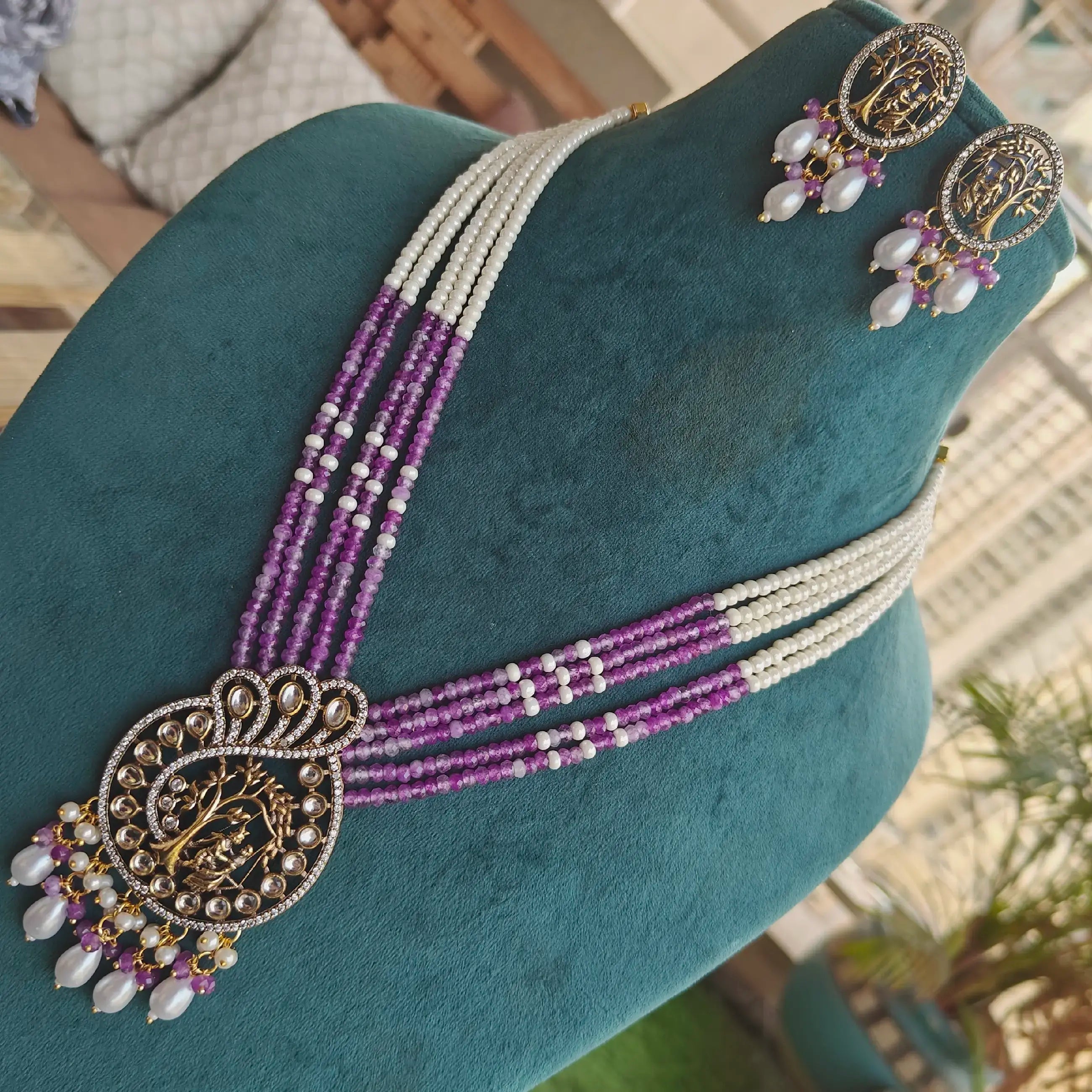 Kanha Onyx Long Necklace Set- Purple