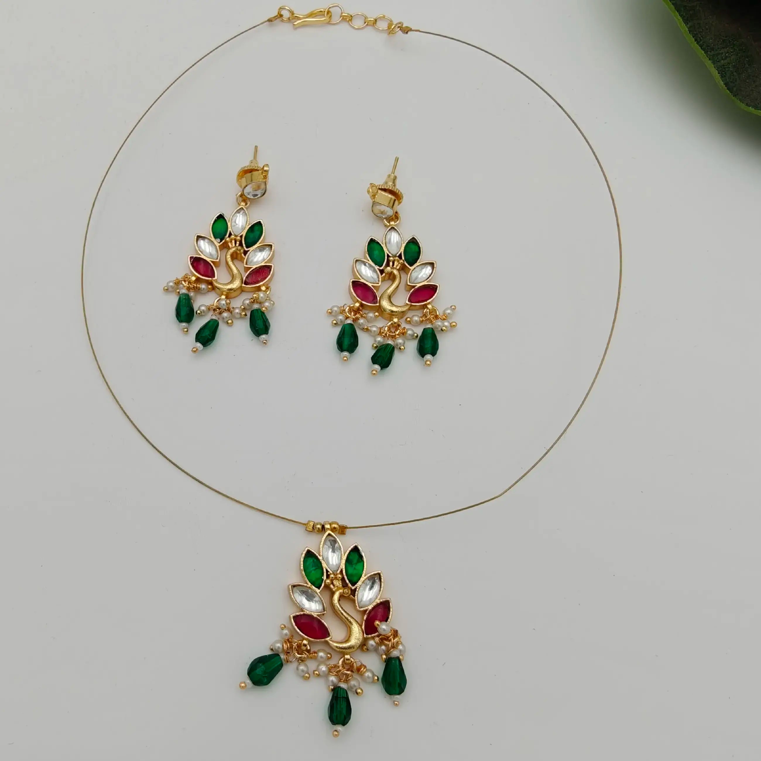 Peacock Pachi Kundan Invisible String Necklace Set - Green Multi