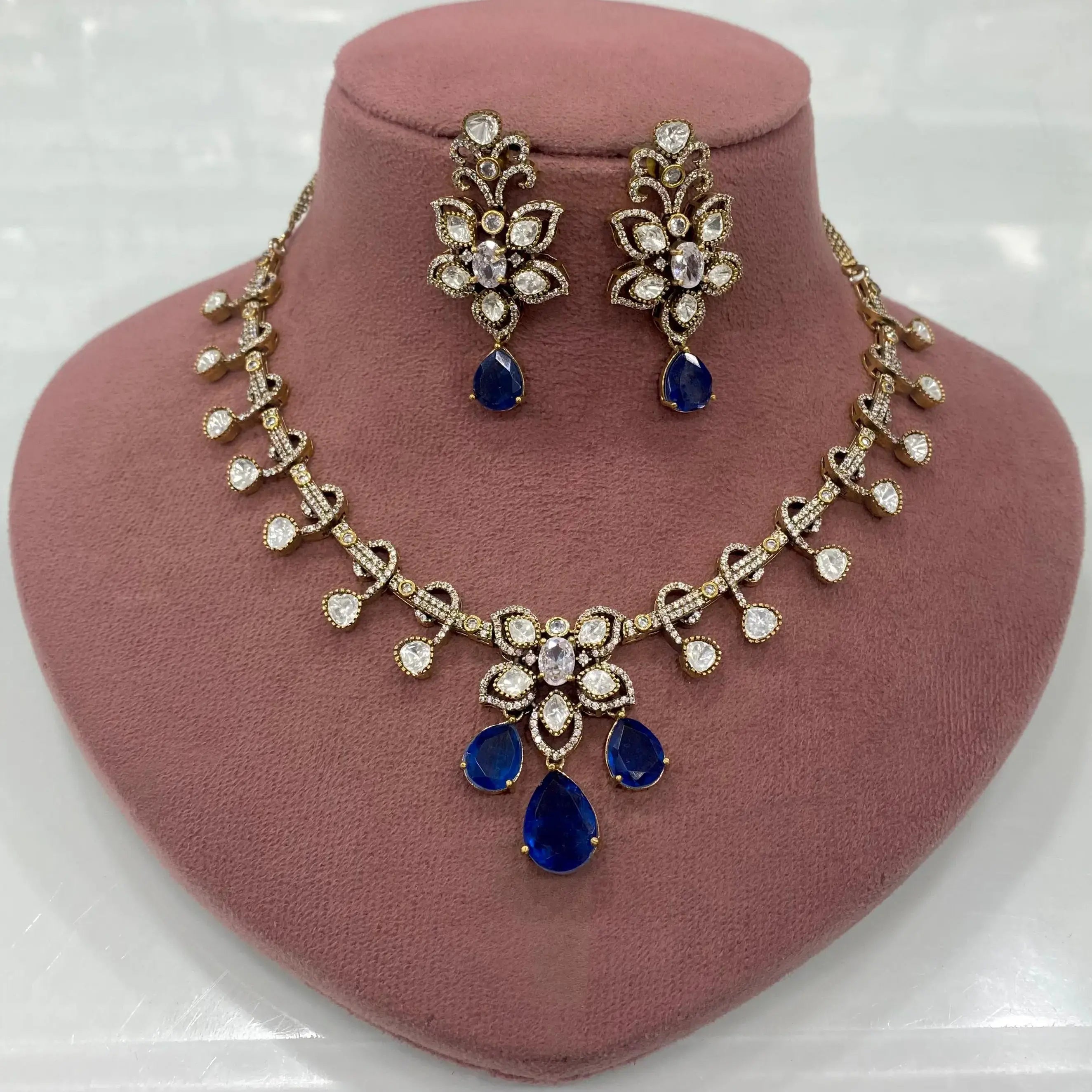 Shivangi Doublet and Uncut Moissanite Polki Necklace Set - Blue