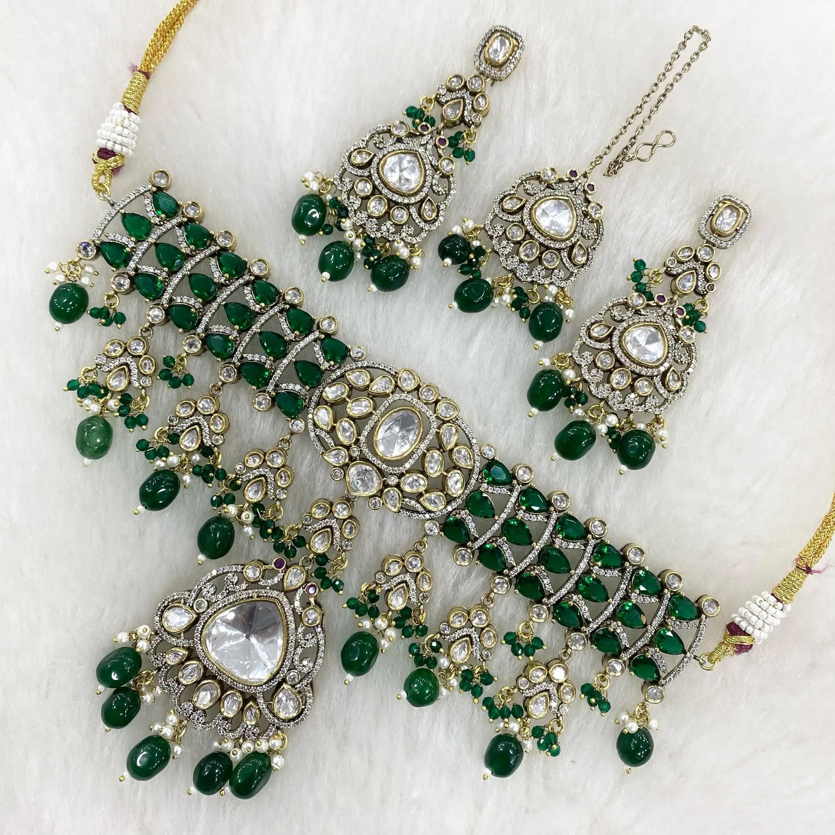 Hritika Uncut Moissanite Polki Choker Necklace Set - Green