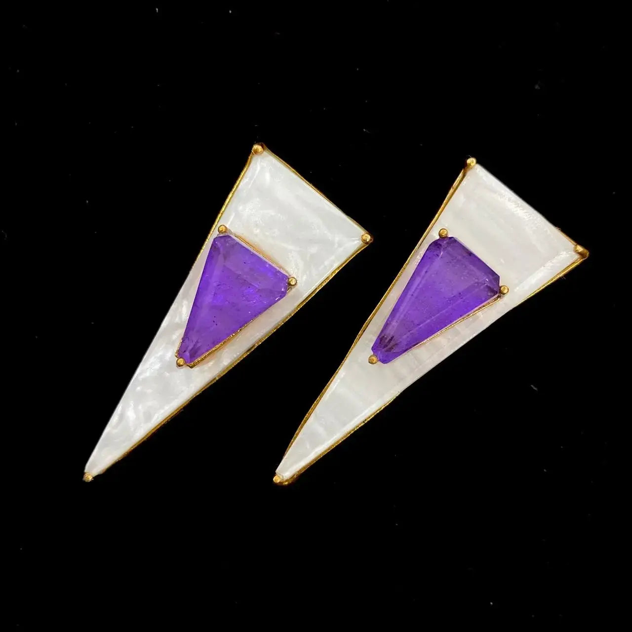 Shell Stone And Doublet Stud Earrings - Purple