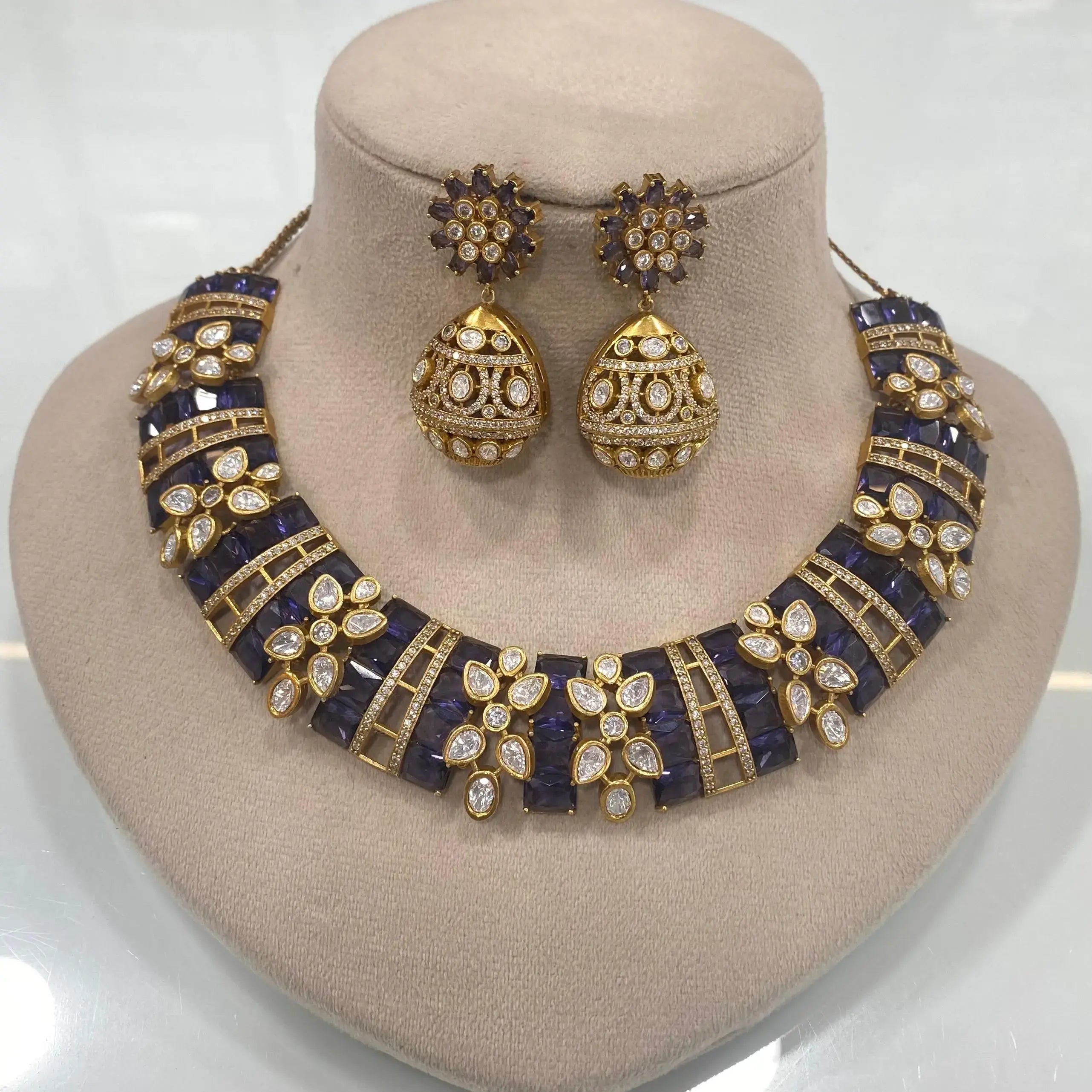 Arpita Uncut Polki Moissanite Necklace Set - Purple