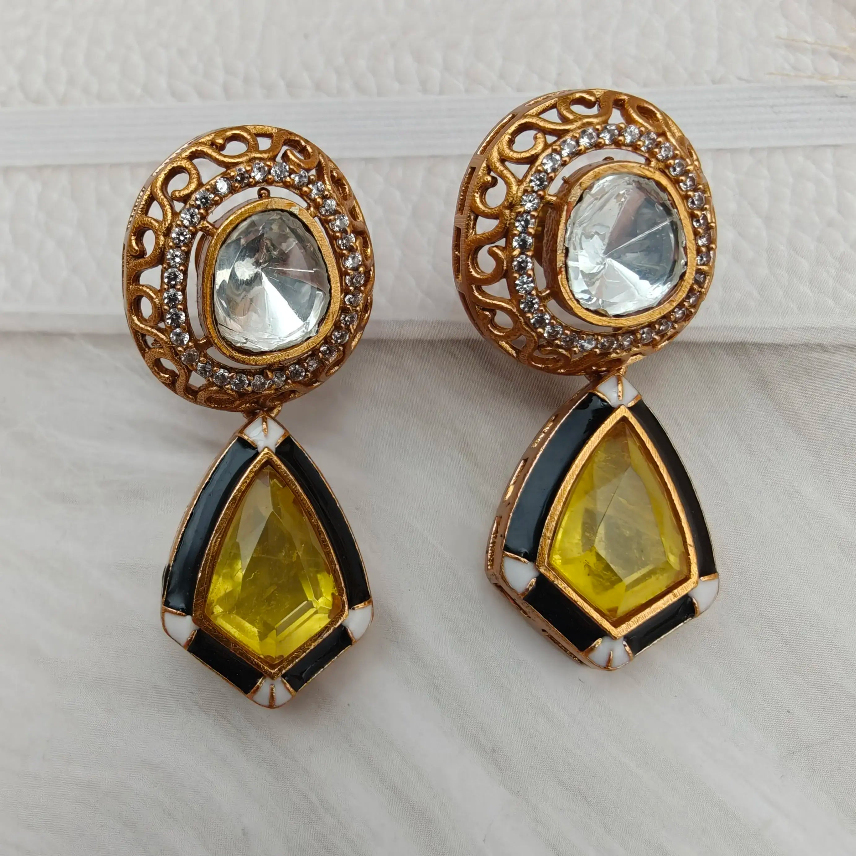 Aparna Doublet Enamel Earrings - Yellow