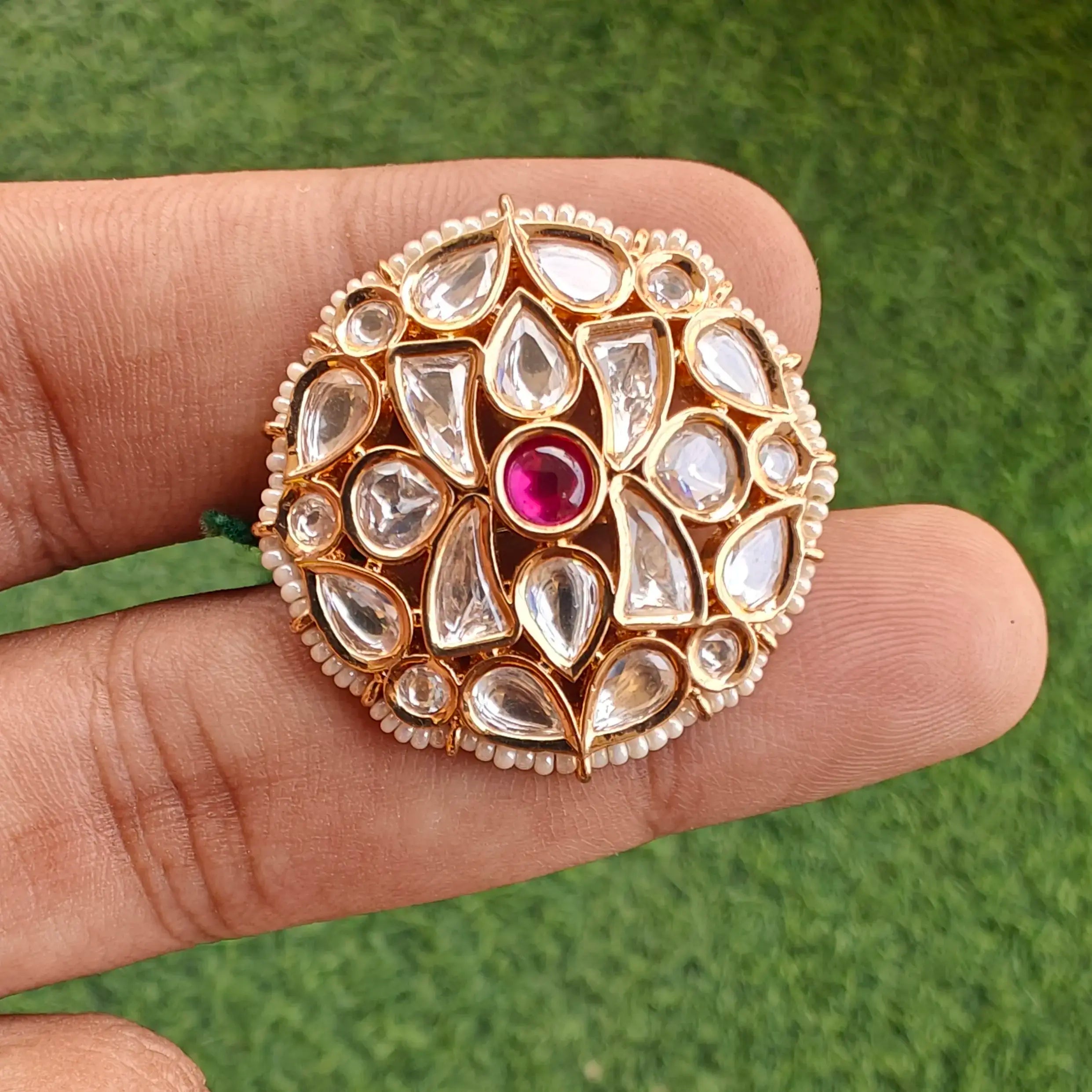 Raisha Sunheri Polki Kundan Adjustable Premium Ring- Ruby Pink