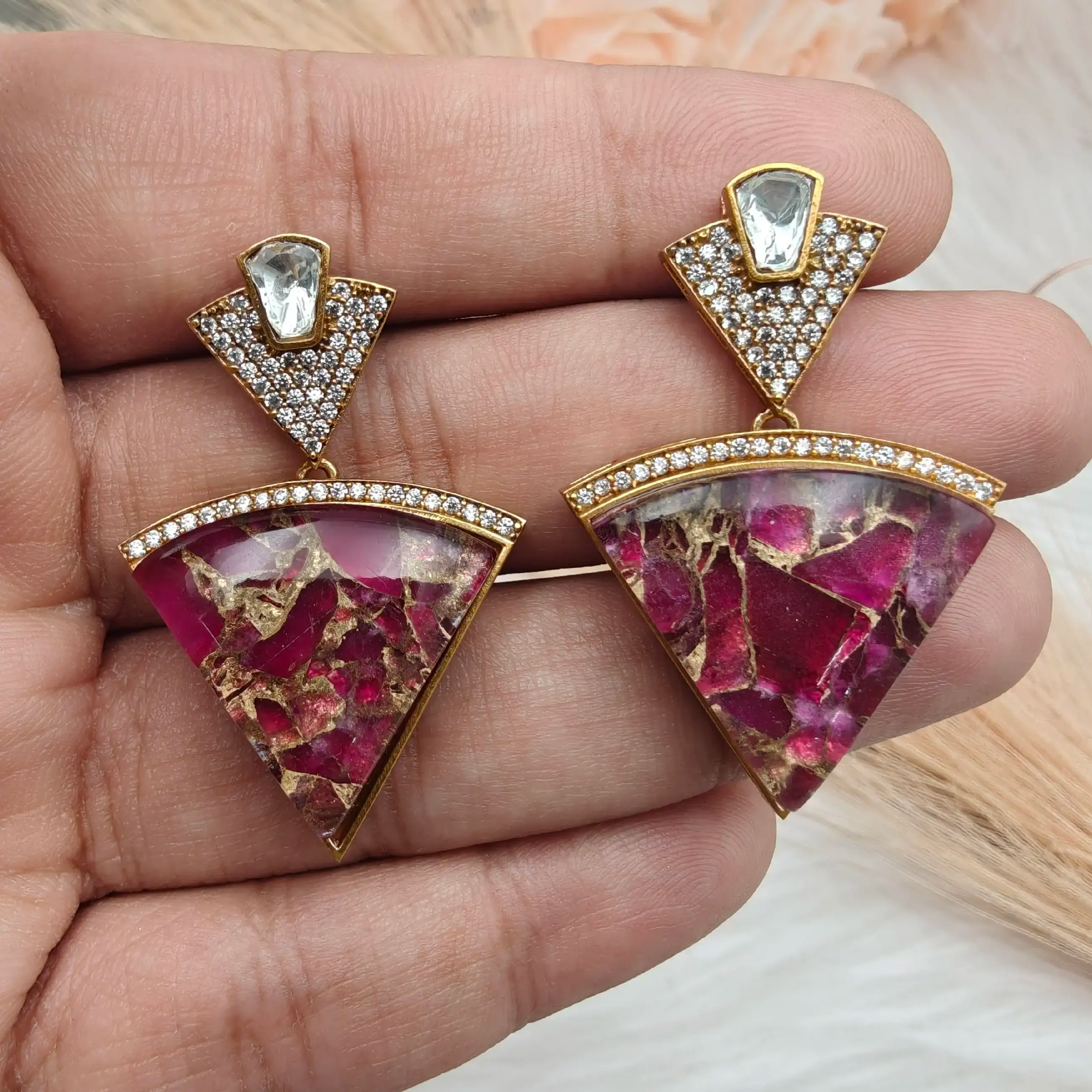 Medha Tourmaline Doublet Uncut Moissanite Polki Earrings - Ruby Pink